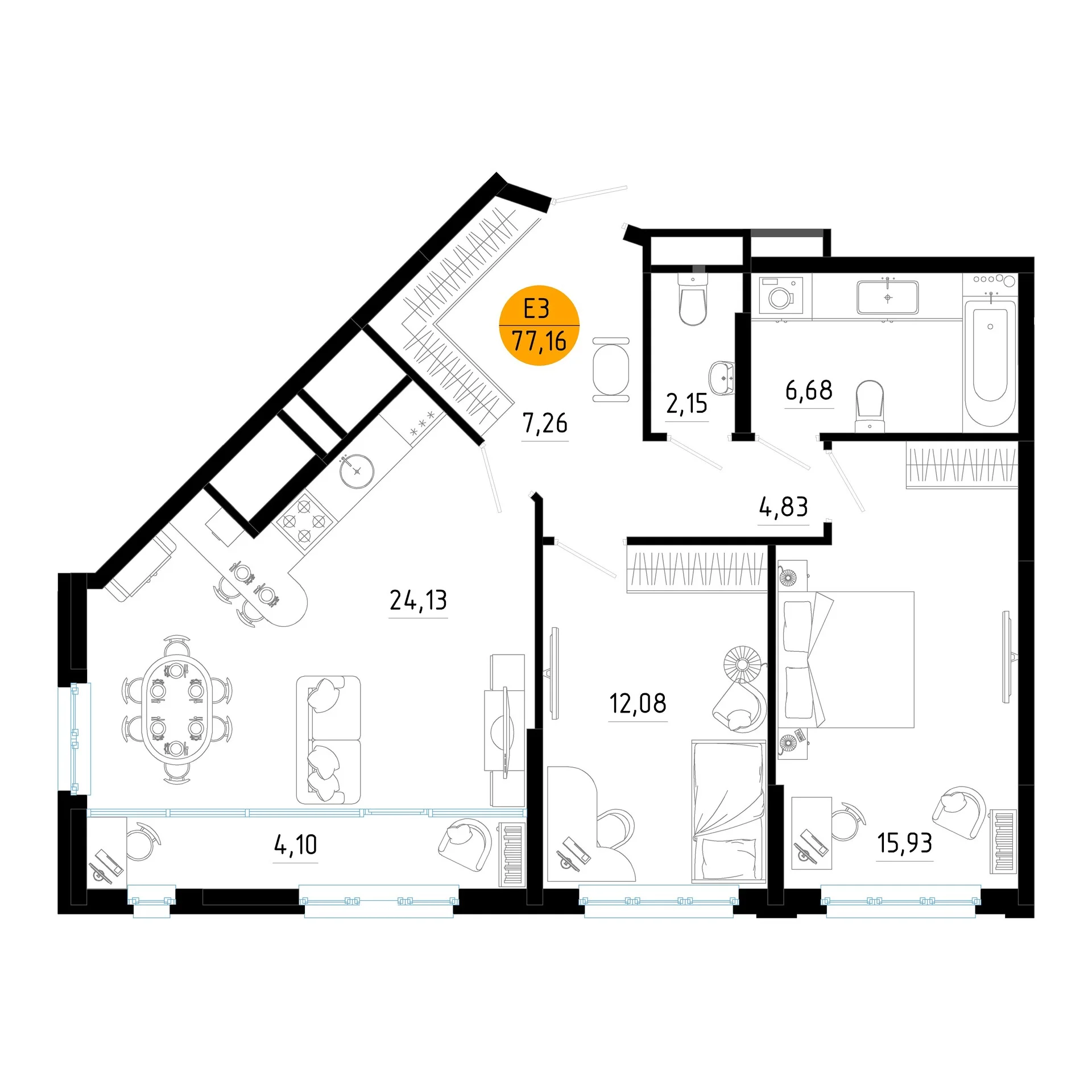 Планировка Квартира с двумя спальнями и гостиной 28 м² (Евро-3)