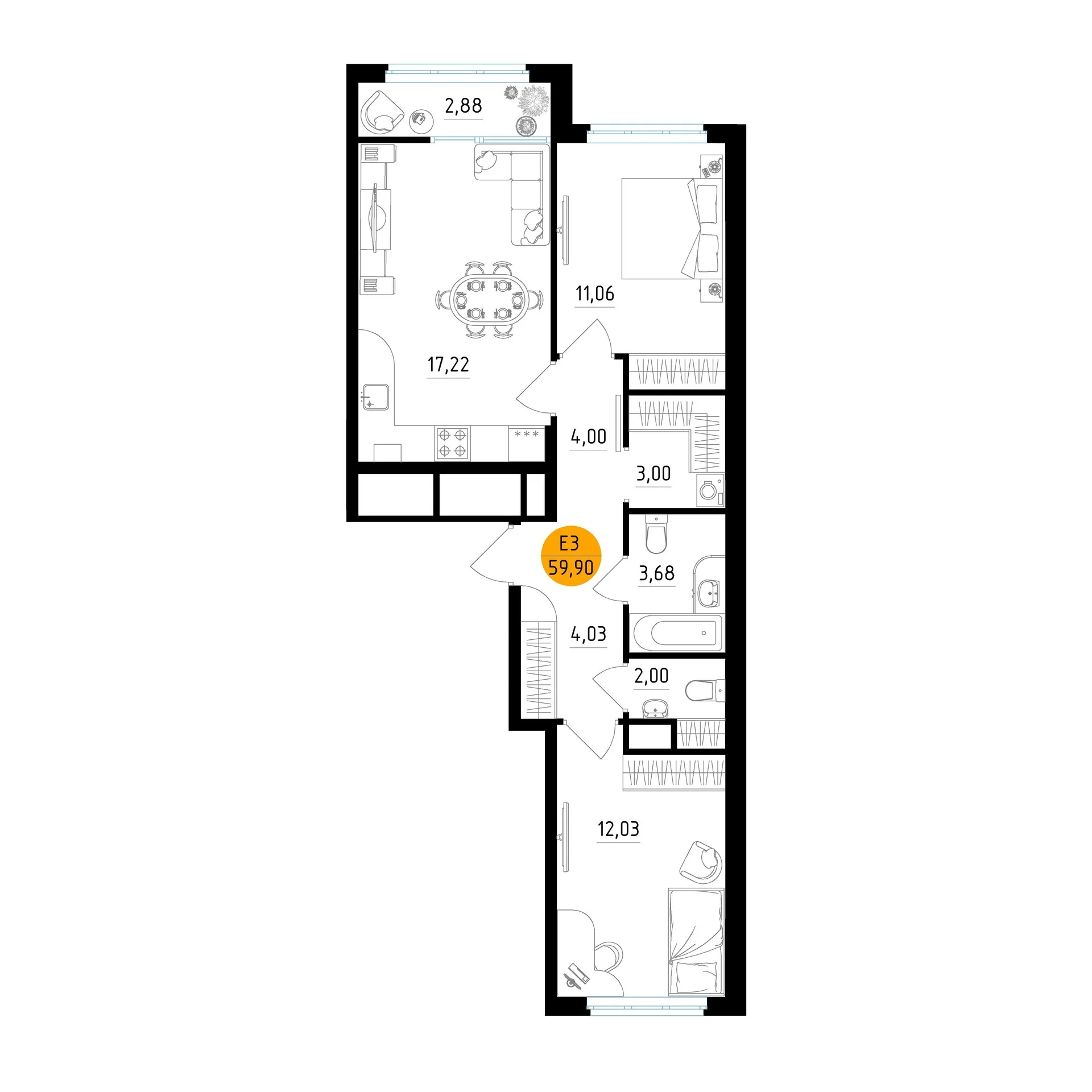Планировка Квартира с двумя спальнями и гостиной 17 м² (Евро-3)