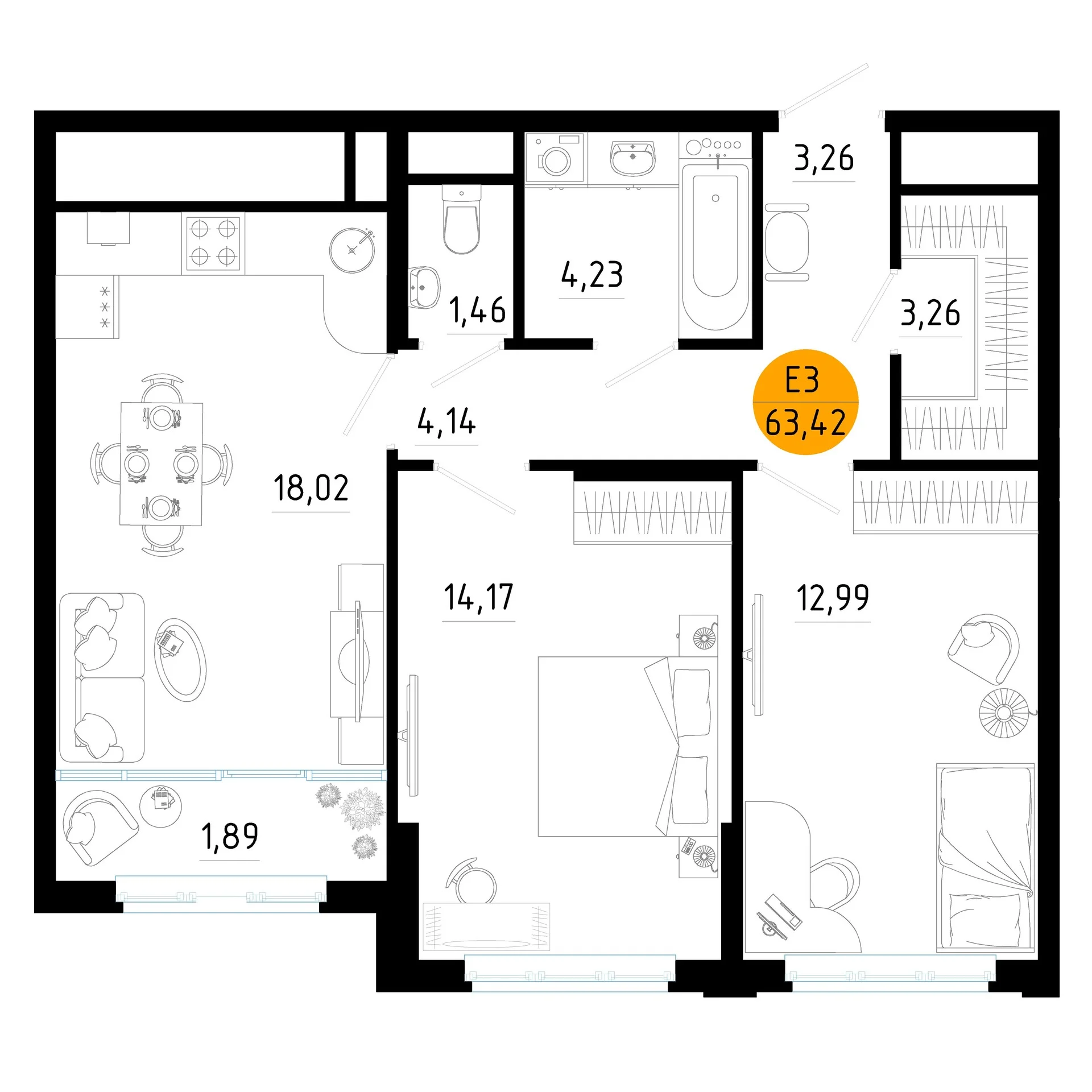 Планировка Квартира с двумя спальнями и гостиной 20 м² (Евро-3)