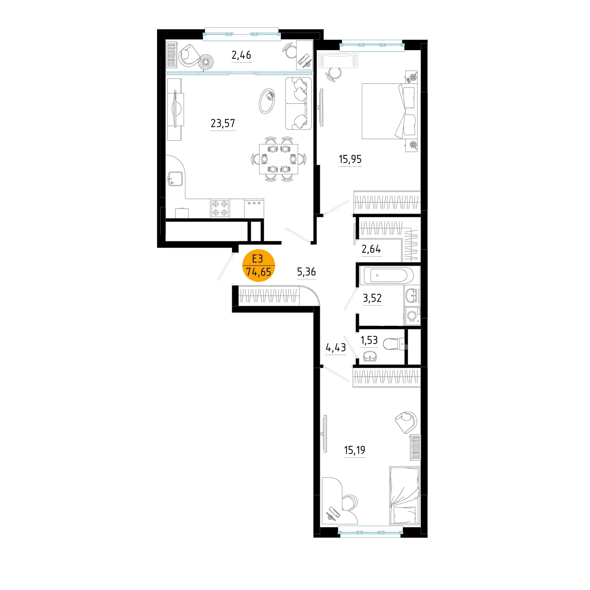 Планировка Квартира с двумя спальнями и гостиной 26 м² (Евро-3)