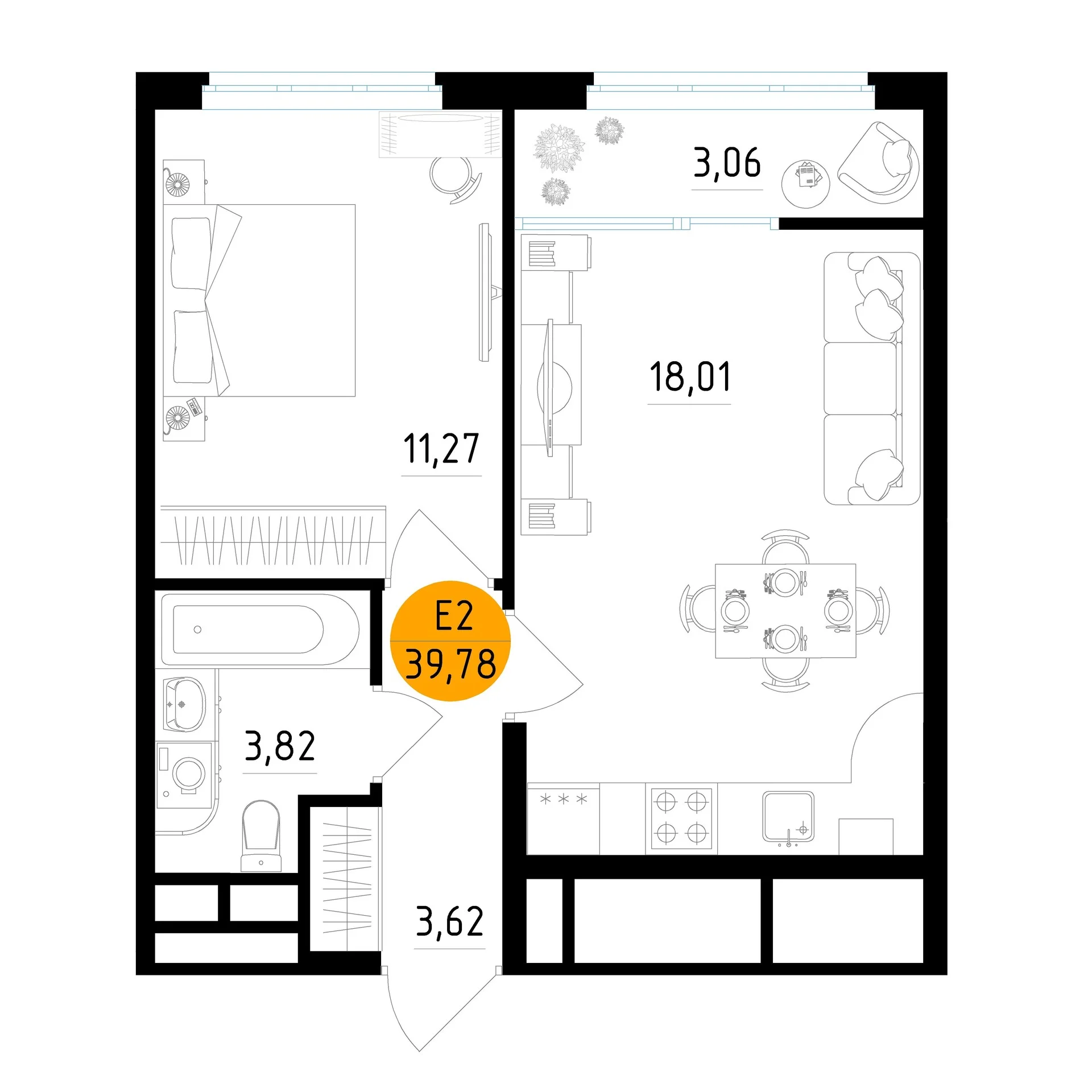 Планировка Квартира с одной спальней и гостиной 18 м² (Евро-2)