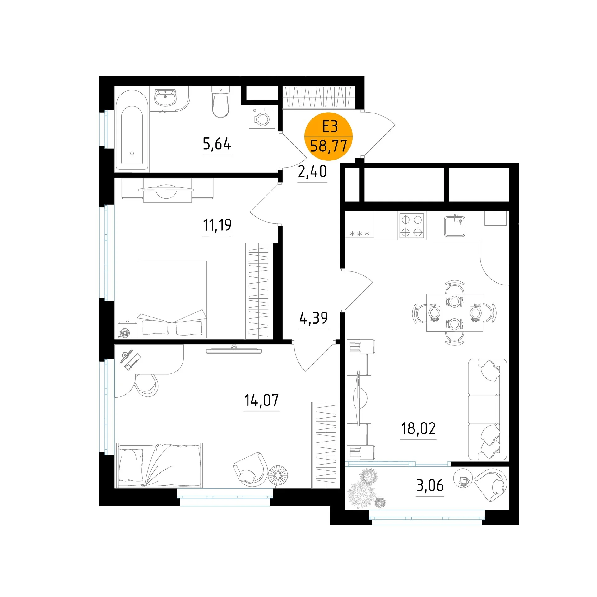 Планировка Квартира с двумя спальнями и гостиной 18 м² (Евро-3)