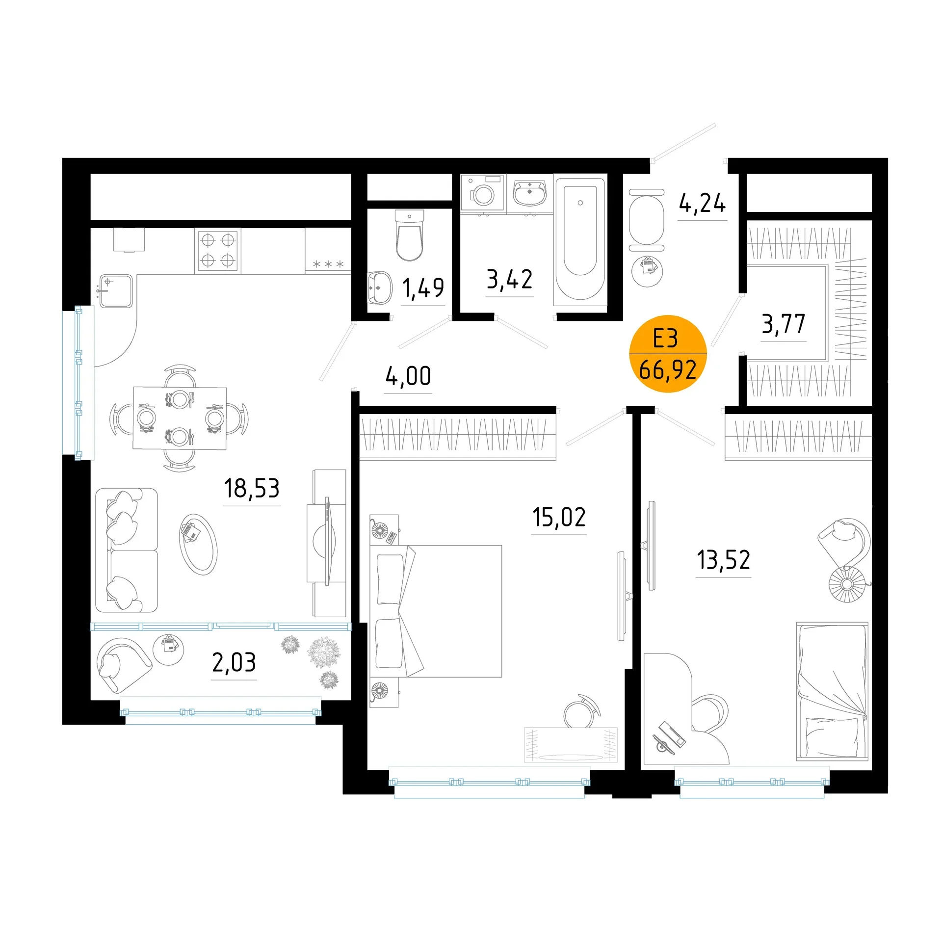 Планировка Квартира с двумя спальнями и гостиной 21 м² (Евро-3)