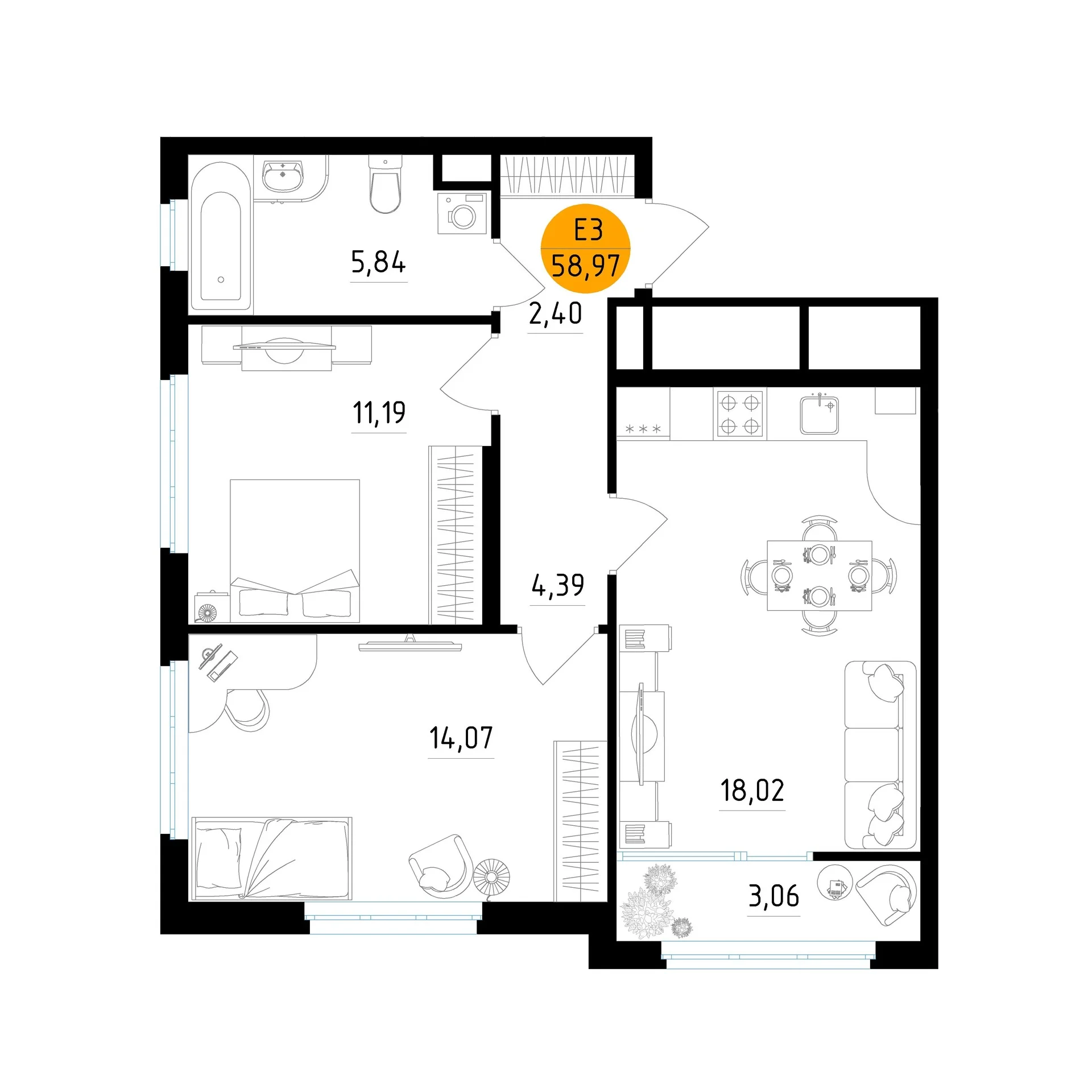 Планировка Квартира с двумя спальнями и гостиной 18 м² (Евро-3)