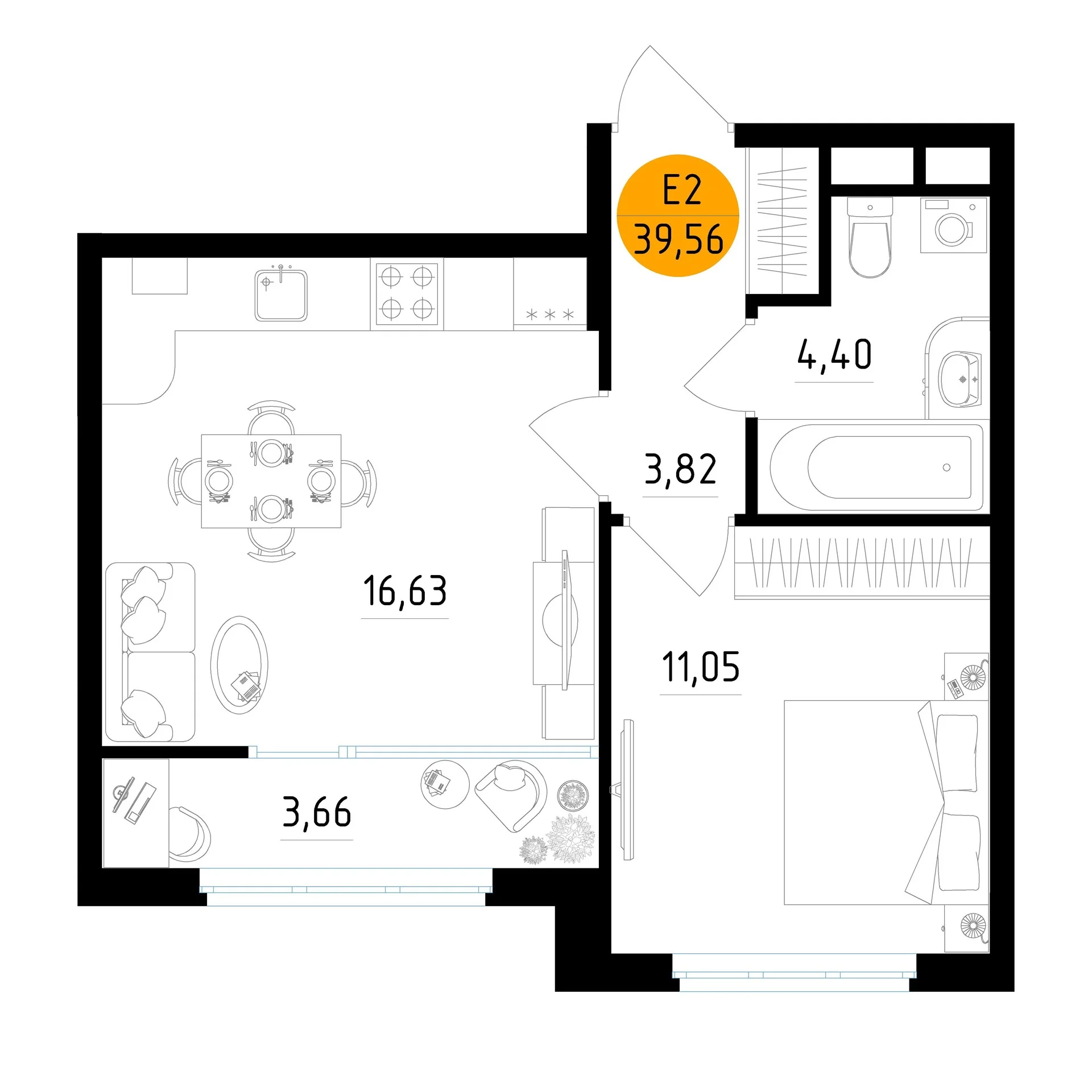 Планировка Квартира с одной спальней и гостиной 17 м² (Евро-2)