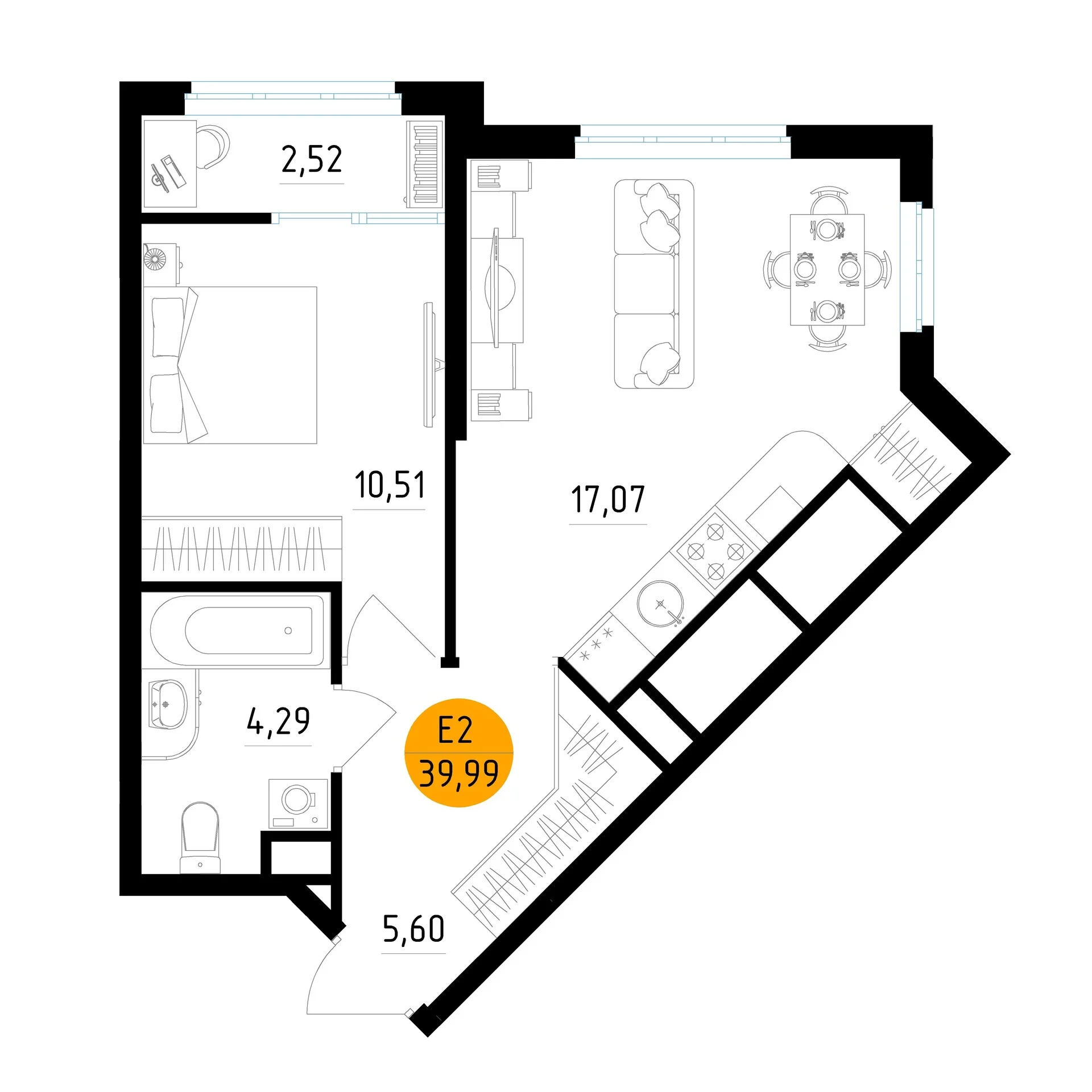 Планировка Квартира с одной спальней и гостиной 17 м² (Евро-2)