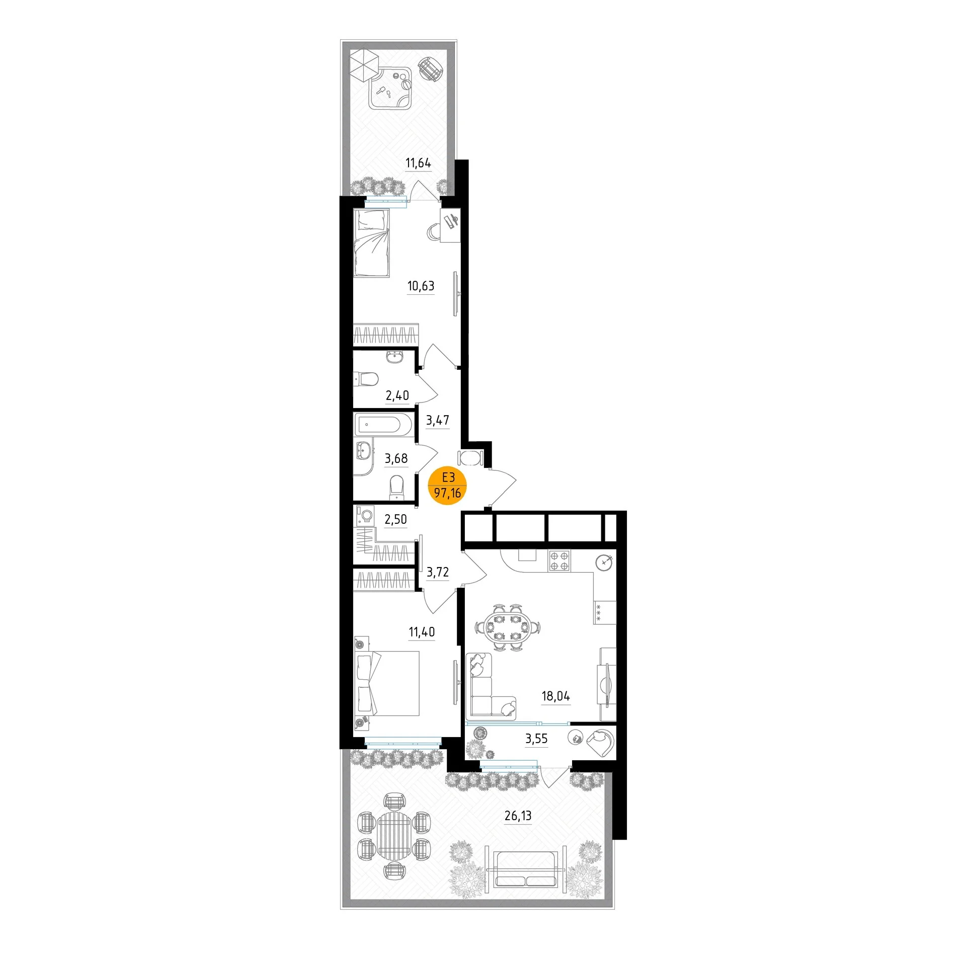 Планировка Квартира с двумя спальнями и гостиной 18 м² (Евро-3)