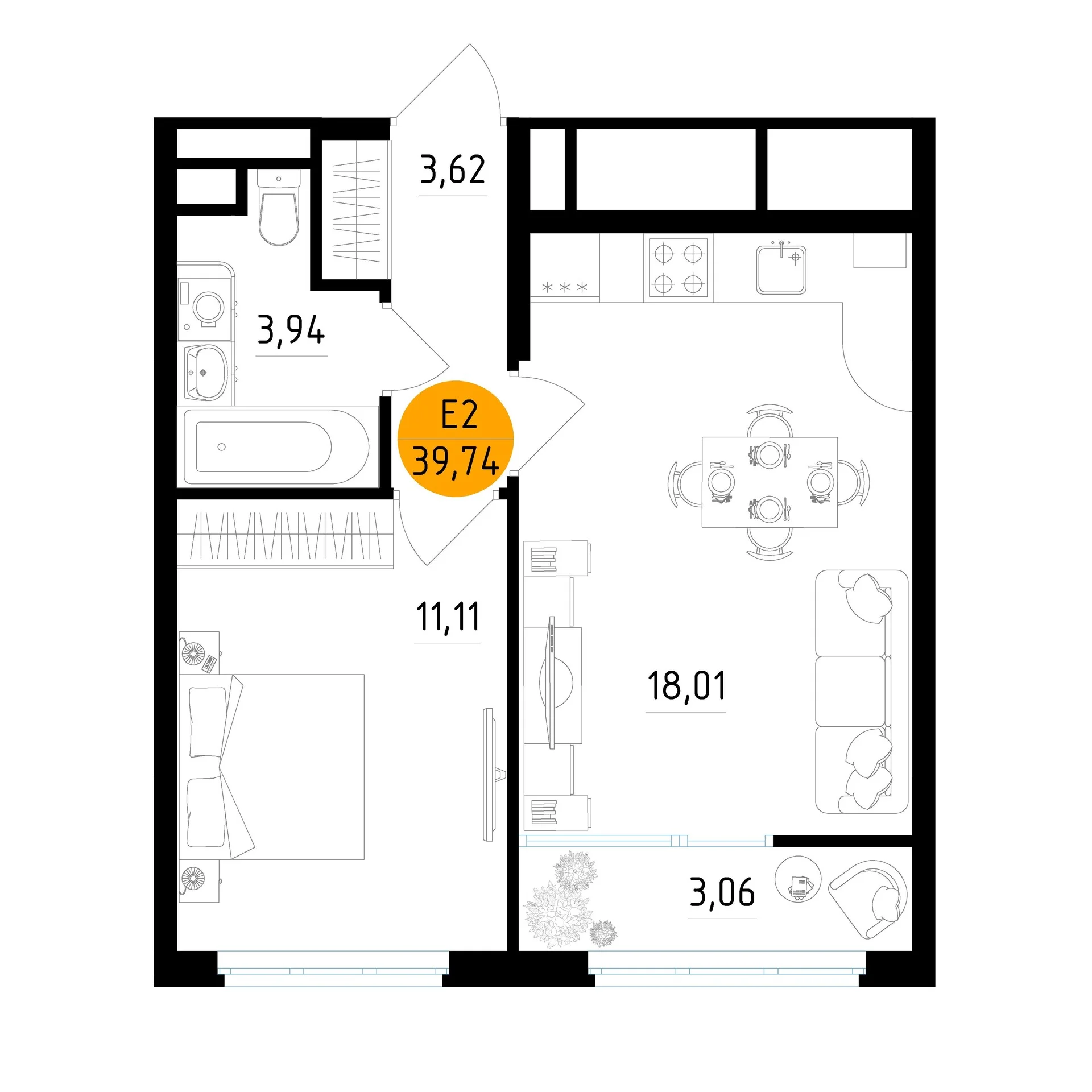 Планировка Квартира с одной спальней и гостиной 18 м² (Евро-2)