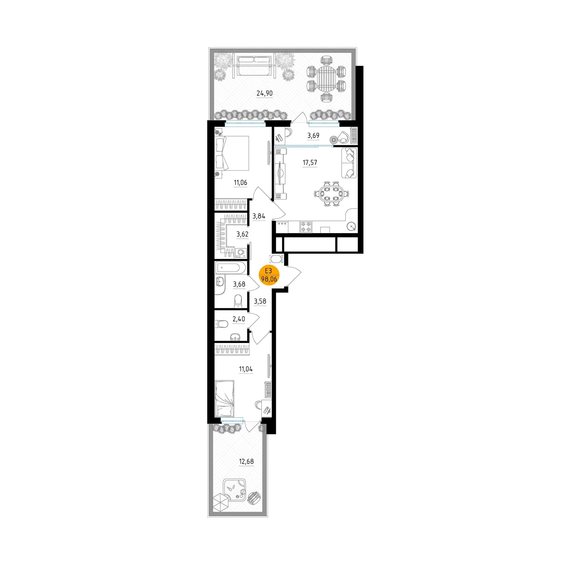 Планировка Квартира с двумя спальнями и гостиной 18 м² (Евро-3)