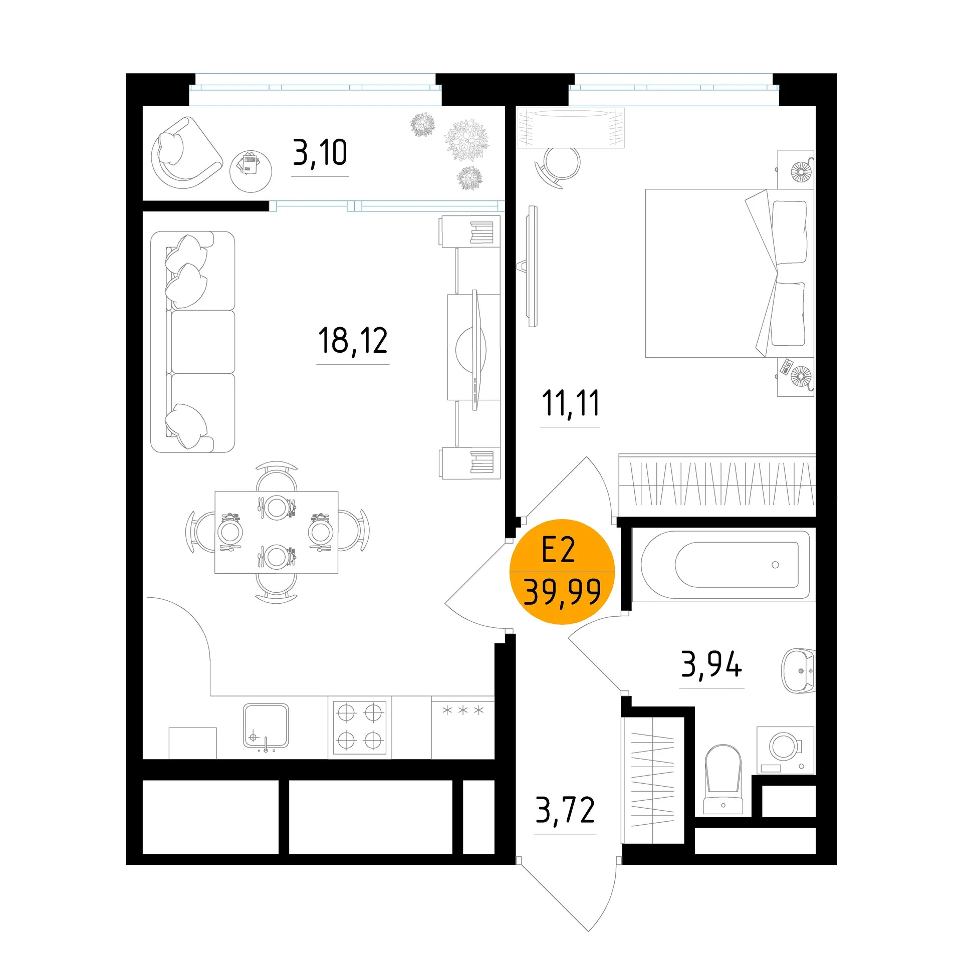 Планировка Квартира с одной спальней и гостиной 18 м² (Евро-2)