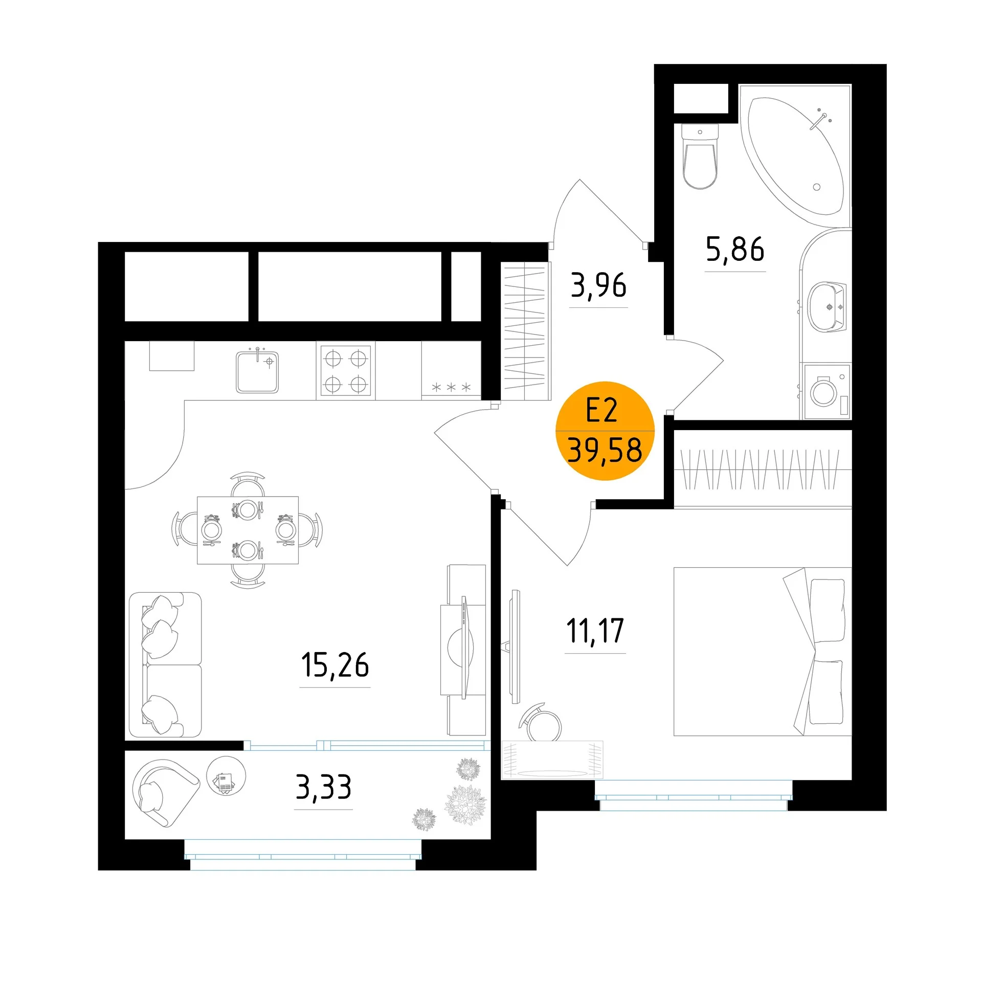 Планировка Квартира с одной спальней и гостиной 15 м² (Евро-2)