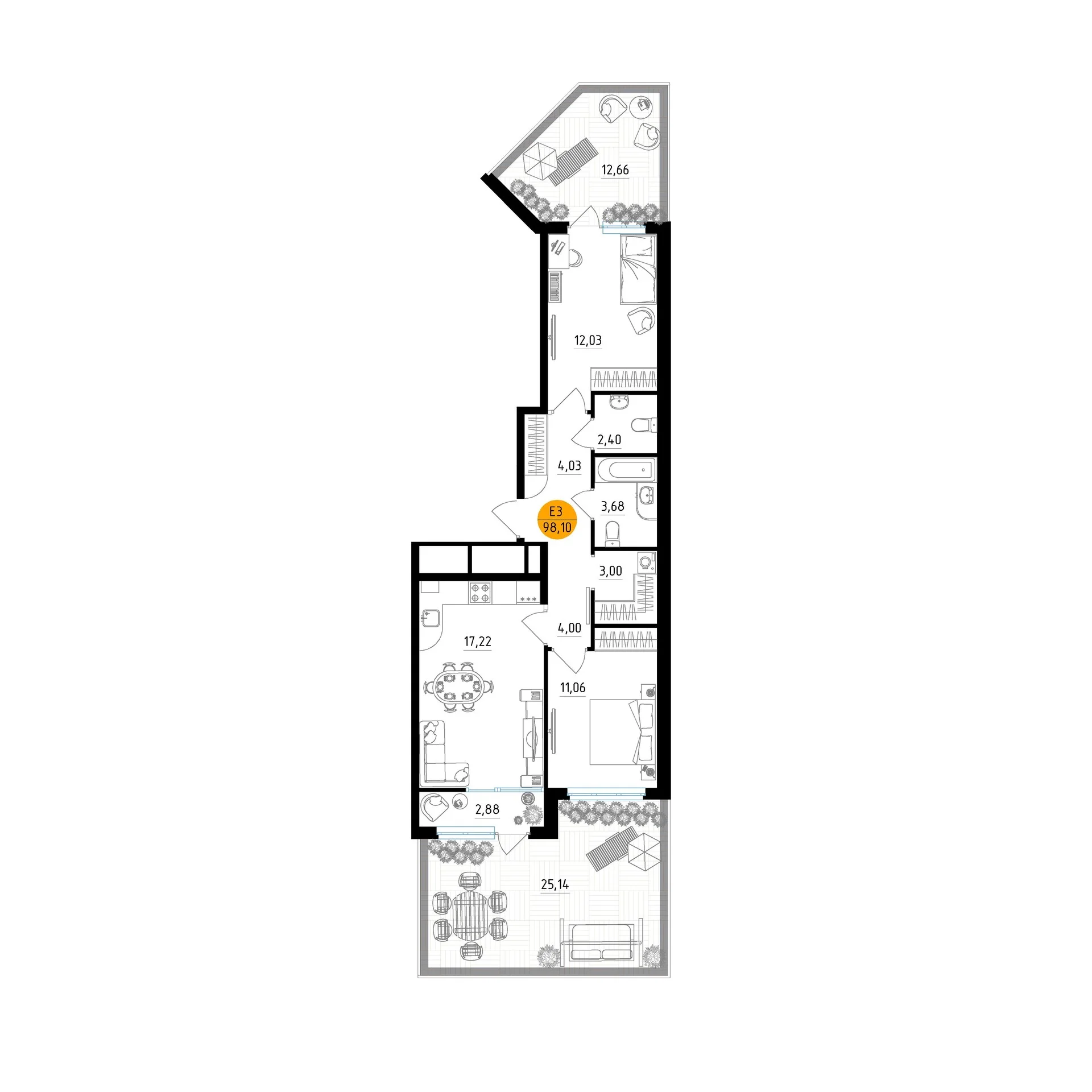 Планировка Квартира с двумя спальнями и гостиной 17 м² (Евро-3)