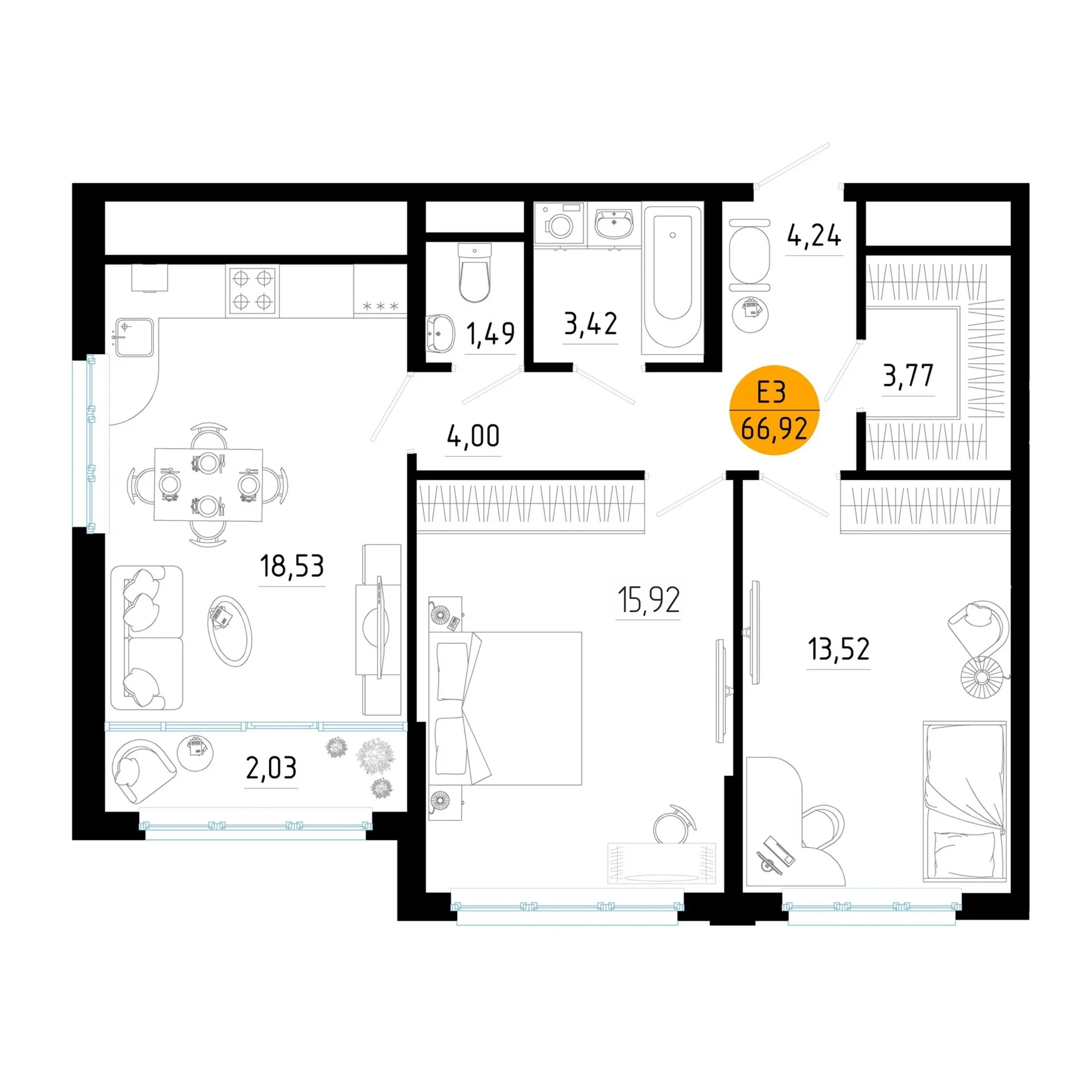 Планировка Квартира с двумя спальнями и гостиной 21 м² (Евро-3)