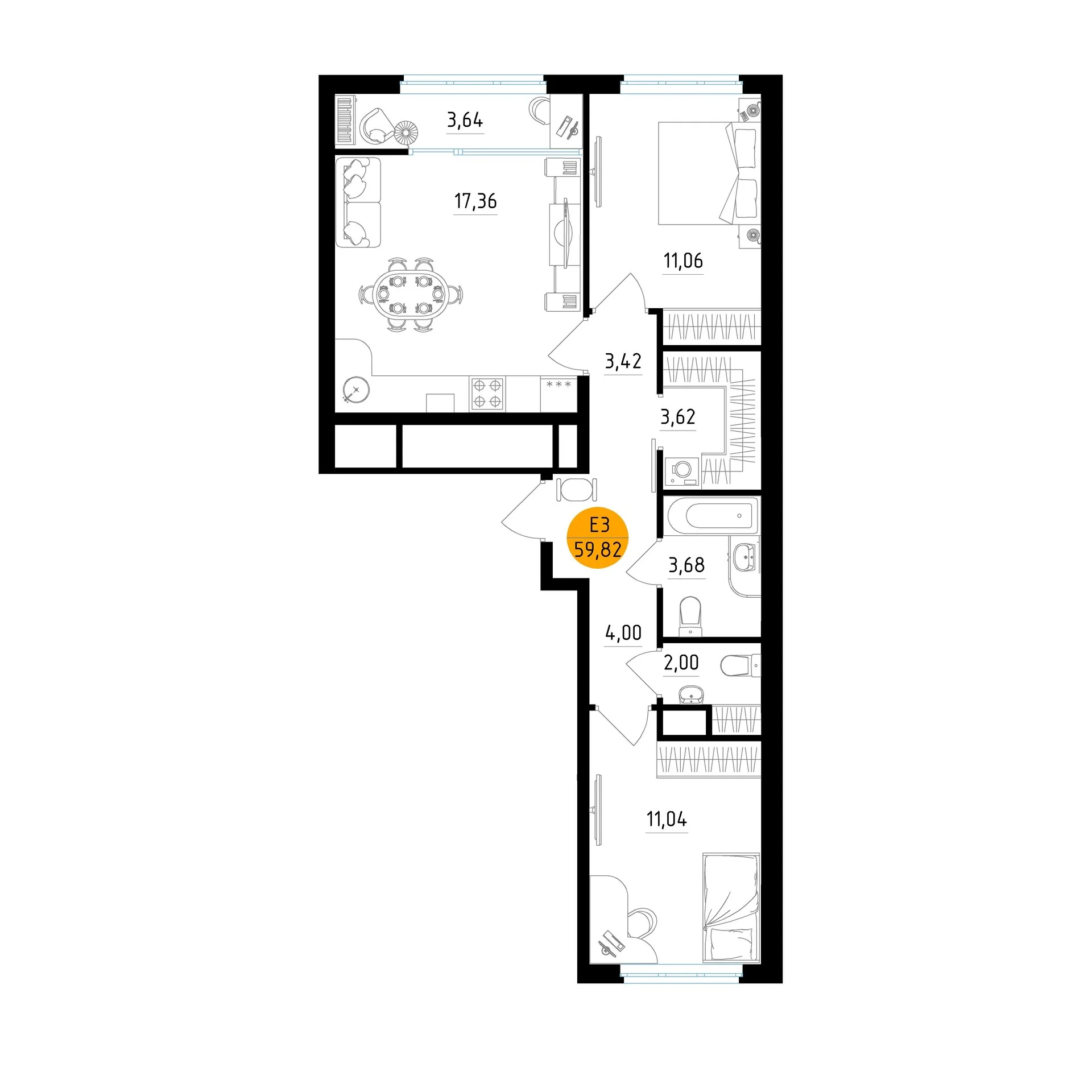 Планировка Квартира с двумя спальнями и гостиной 17 м² (Евро-3)