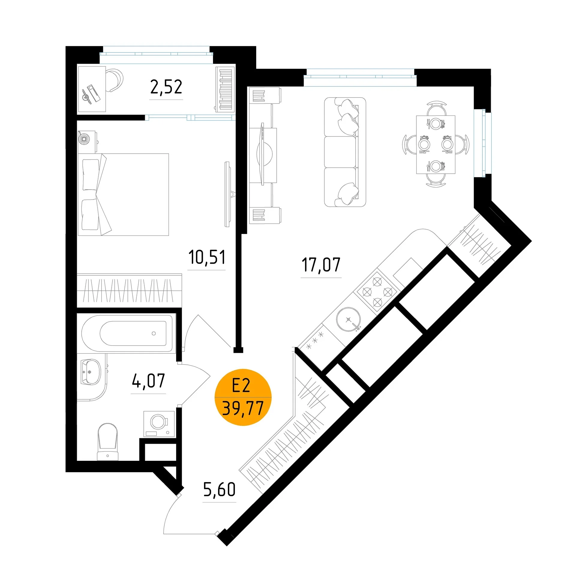 Планировка Квартира с одной спальней и гостиной 17 м² (Евро-2)