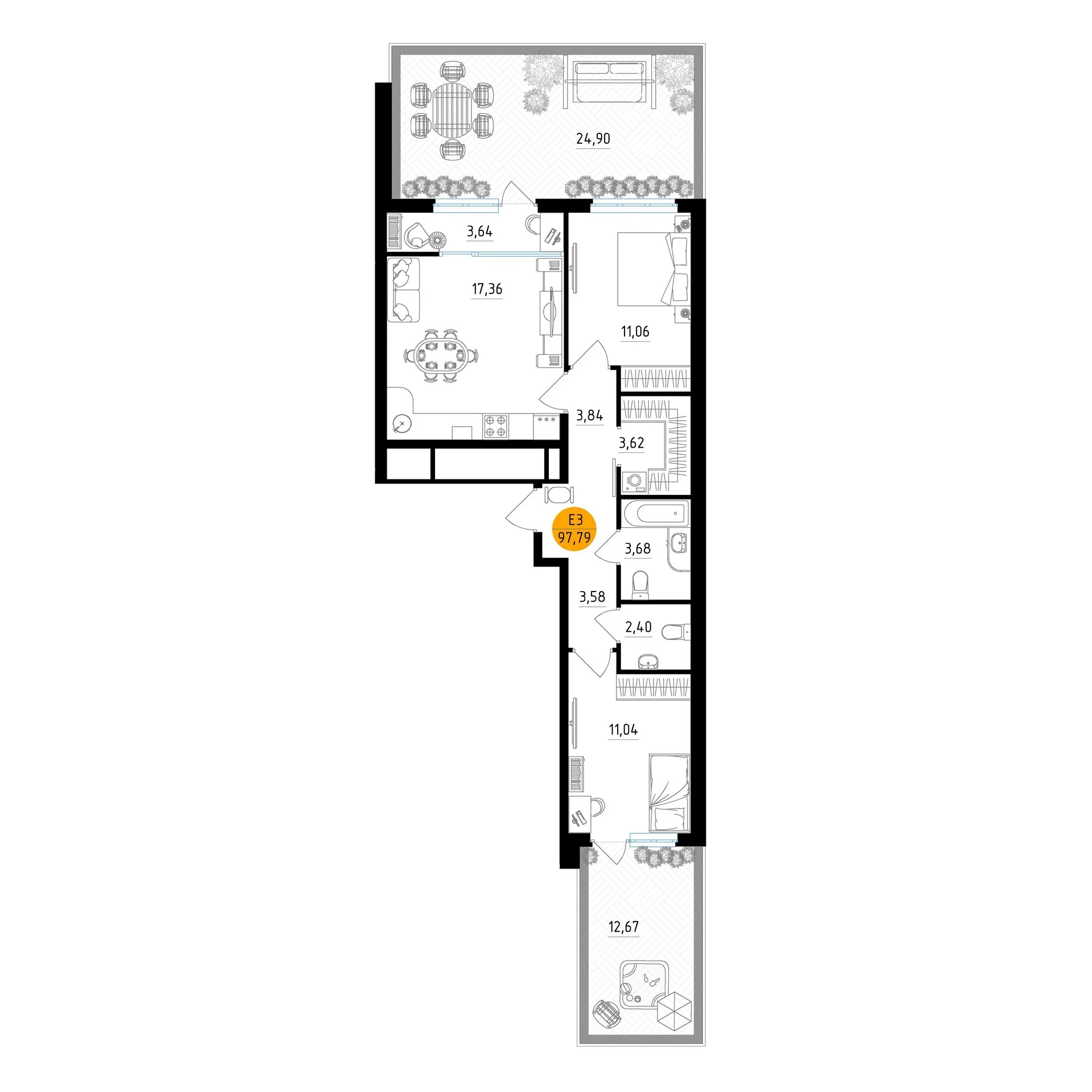 Планировка Квартира с двумя спальнями и гостиной 17 м² (Евро-3)