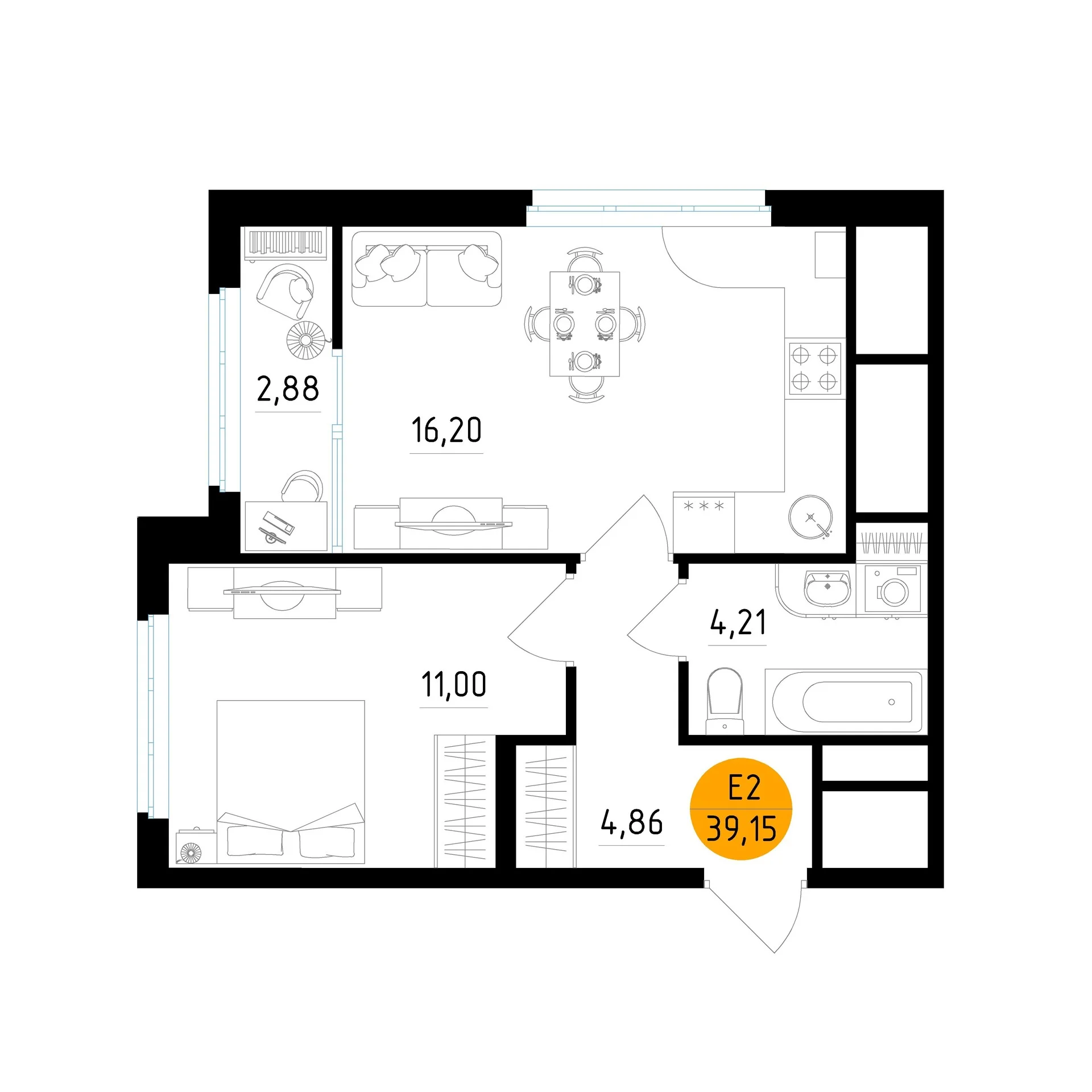 Планировка Квартира с одной спальней и гостиной 16 м² (Евро-2)