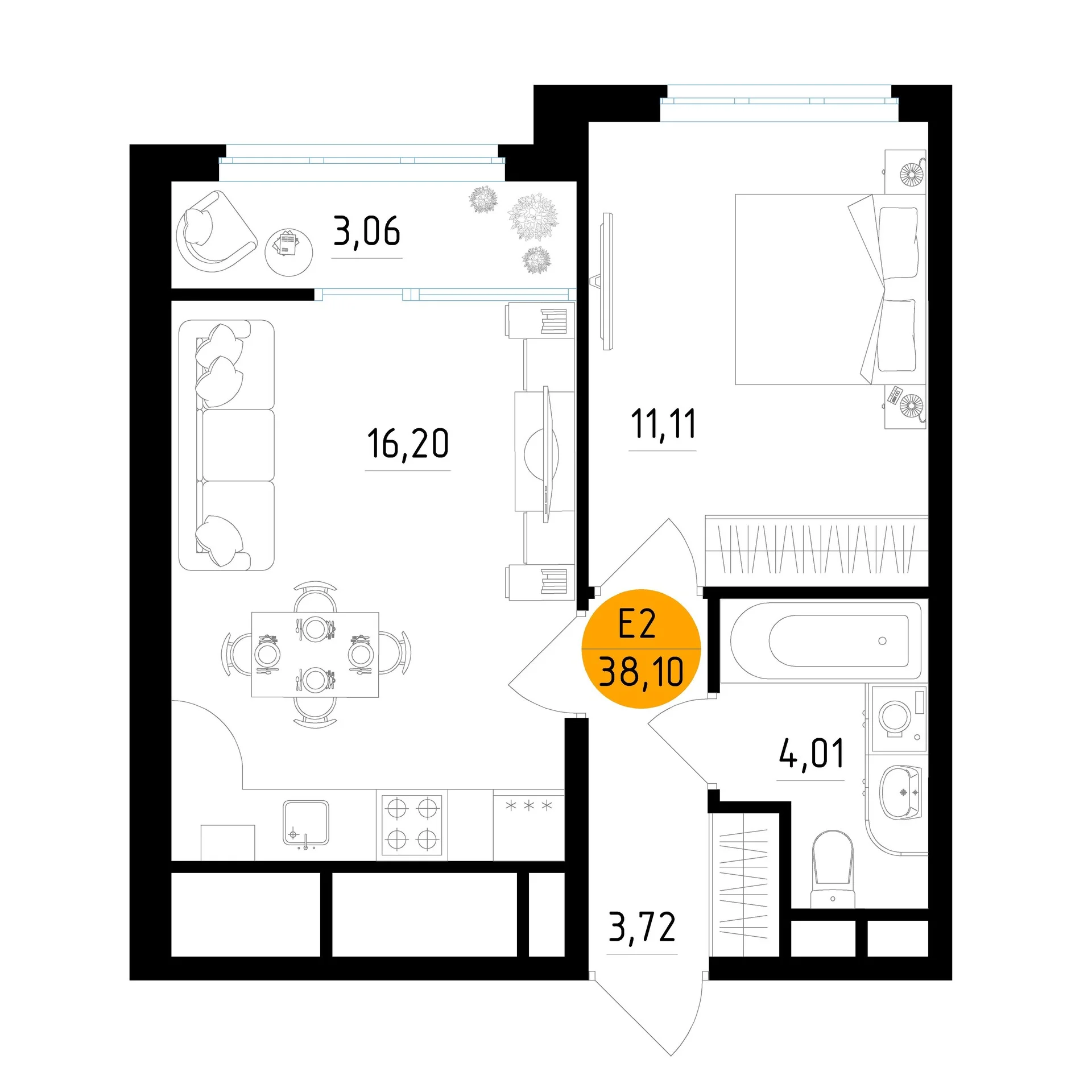 Планировка Квартира с одной спальней и гостиной 16 м² (Евро-2)