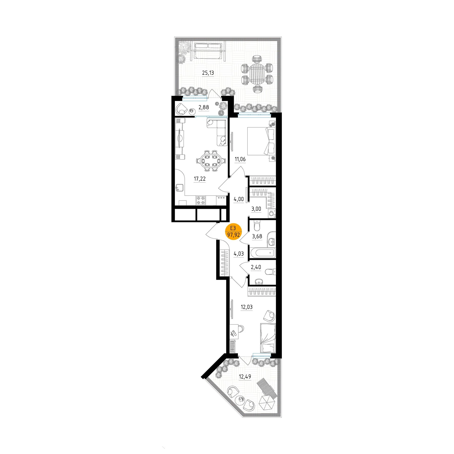 Планировка Квартира с двумя спальнями и гостиной 17 м² (Евро-3)