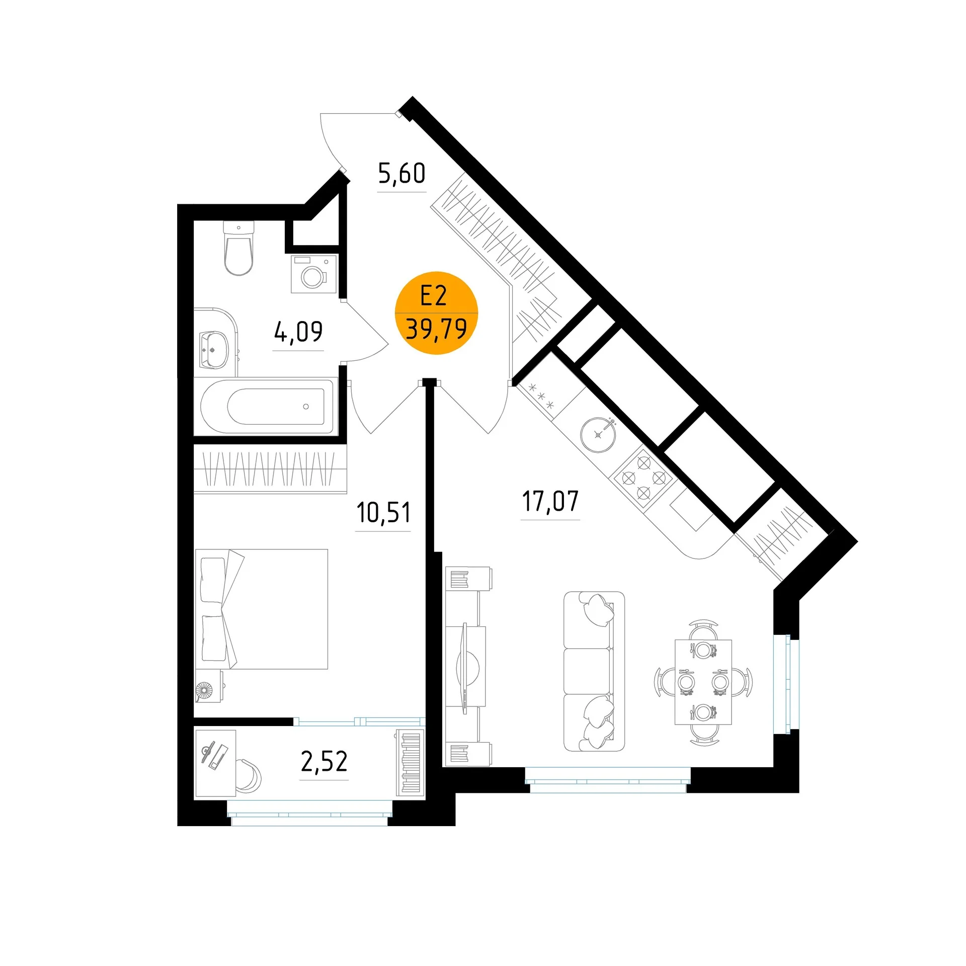 Планировка Квартира с одной спальней и гостиной 17 м² (Евро-2)