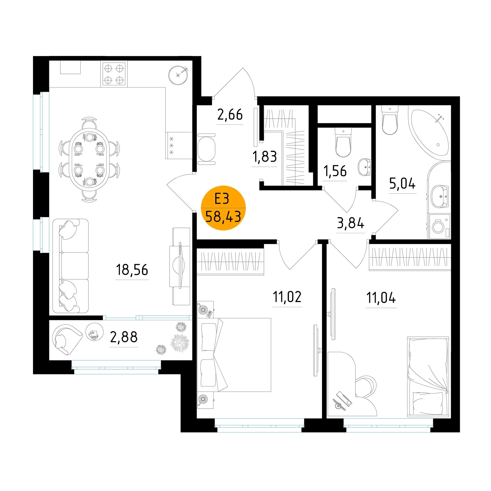 Планировка Квартира с двумя спальнями и гостиной 19 м² (Евро-3)
