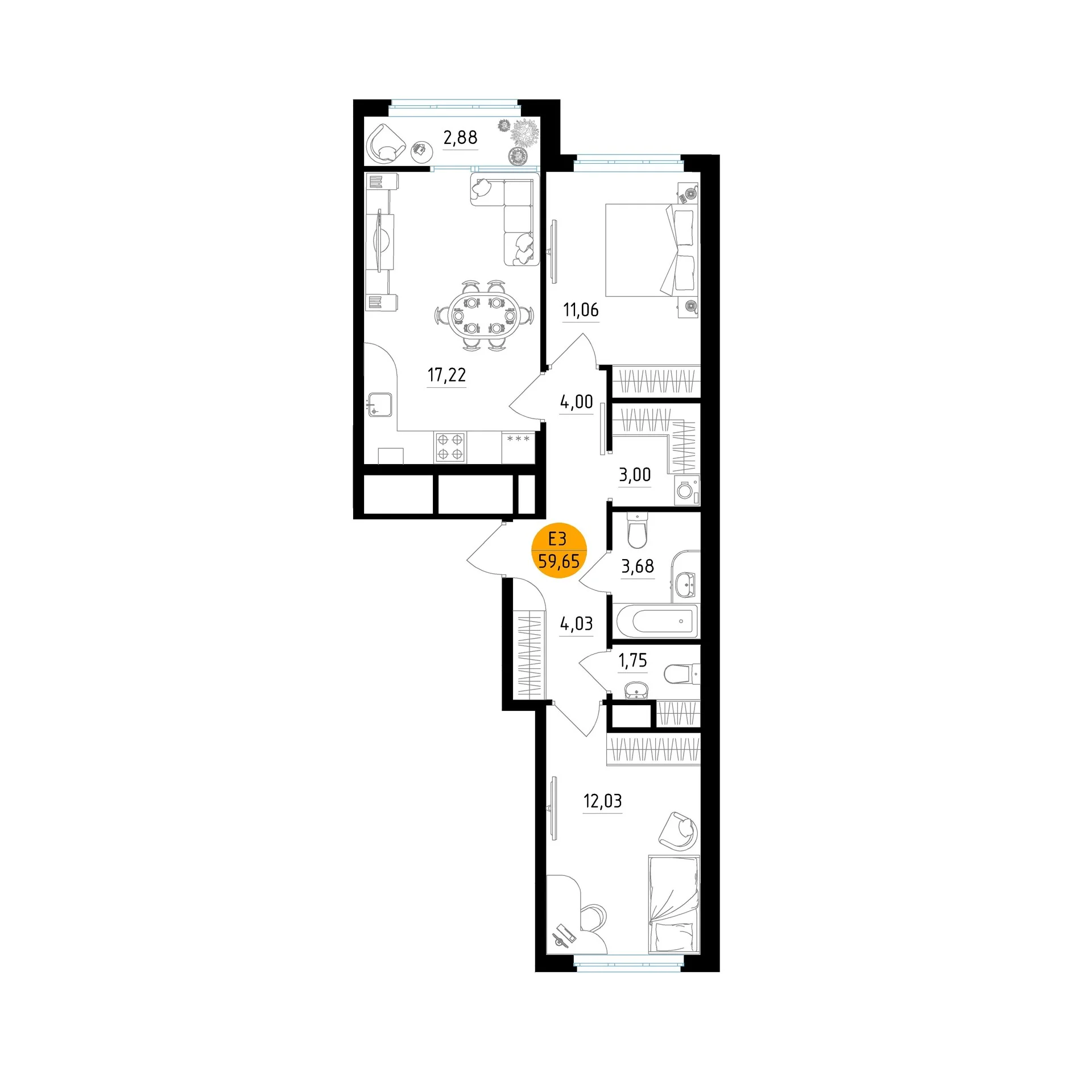 Планировка Квартира с двумя спальнями и гостиной 17 м² (Евро-3)