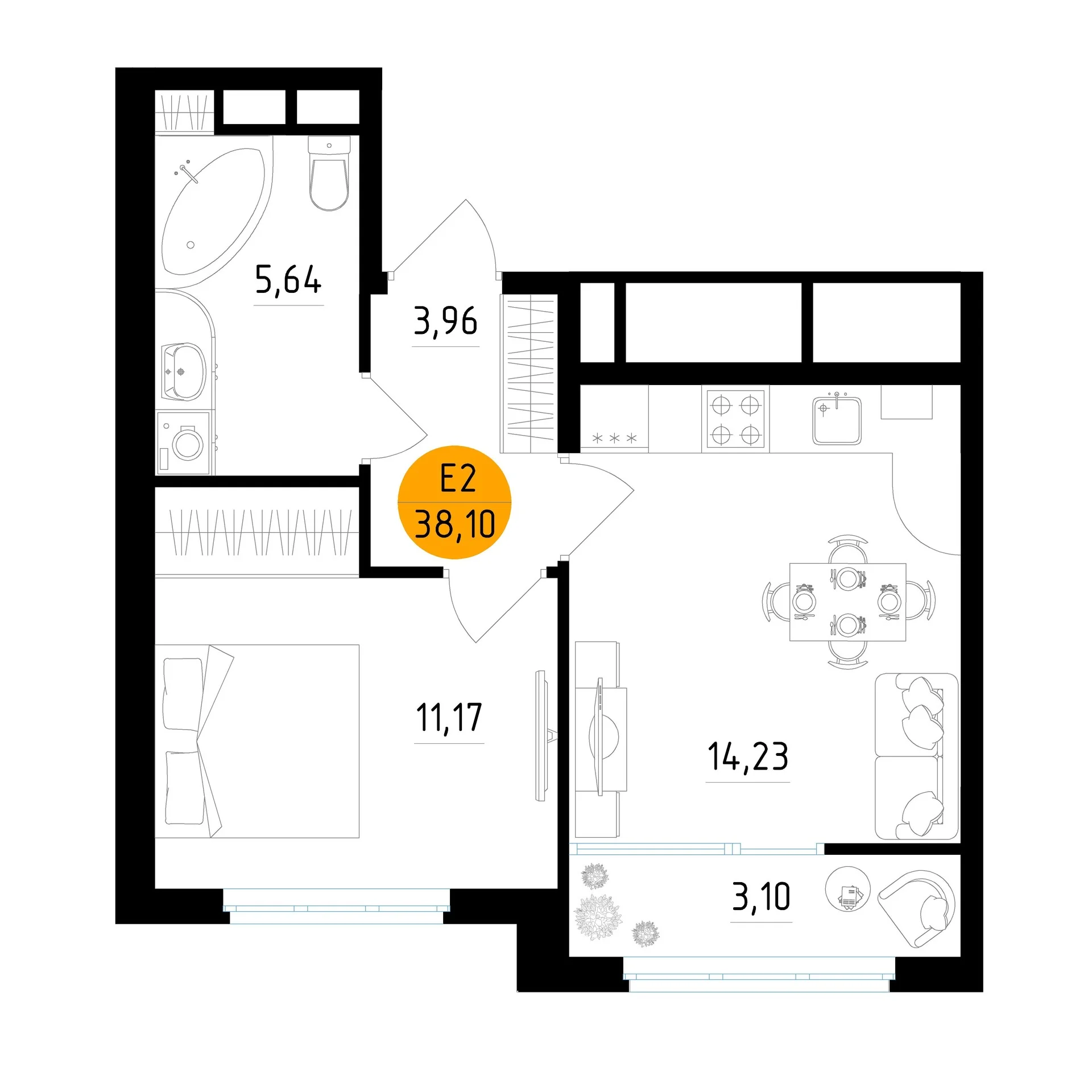 Планировка Квартира с одной спальней и гостиной 14 м² (Евро-2)