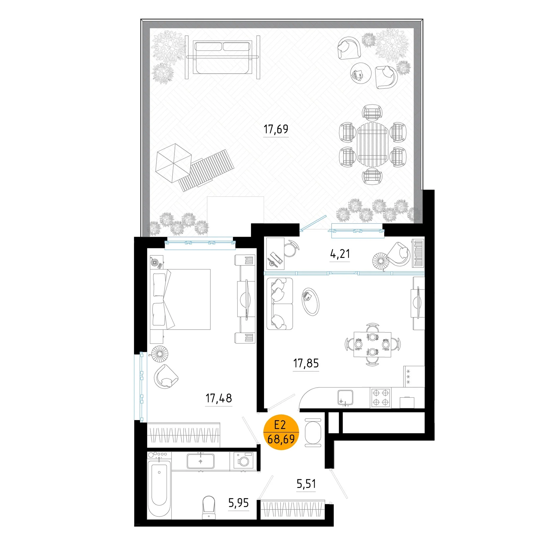 Планировка Квартира с одной спальней и гостиной 22 м² (Евро-2)