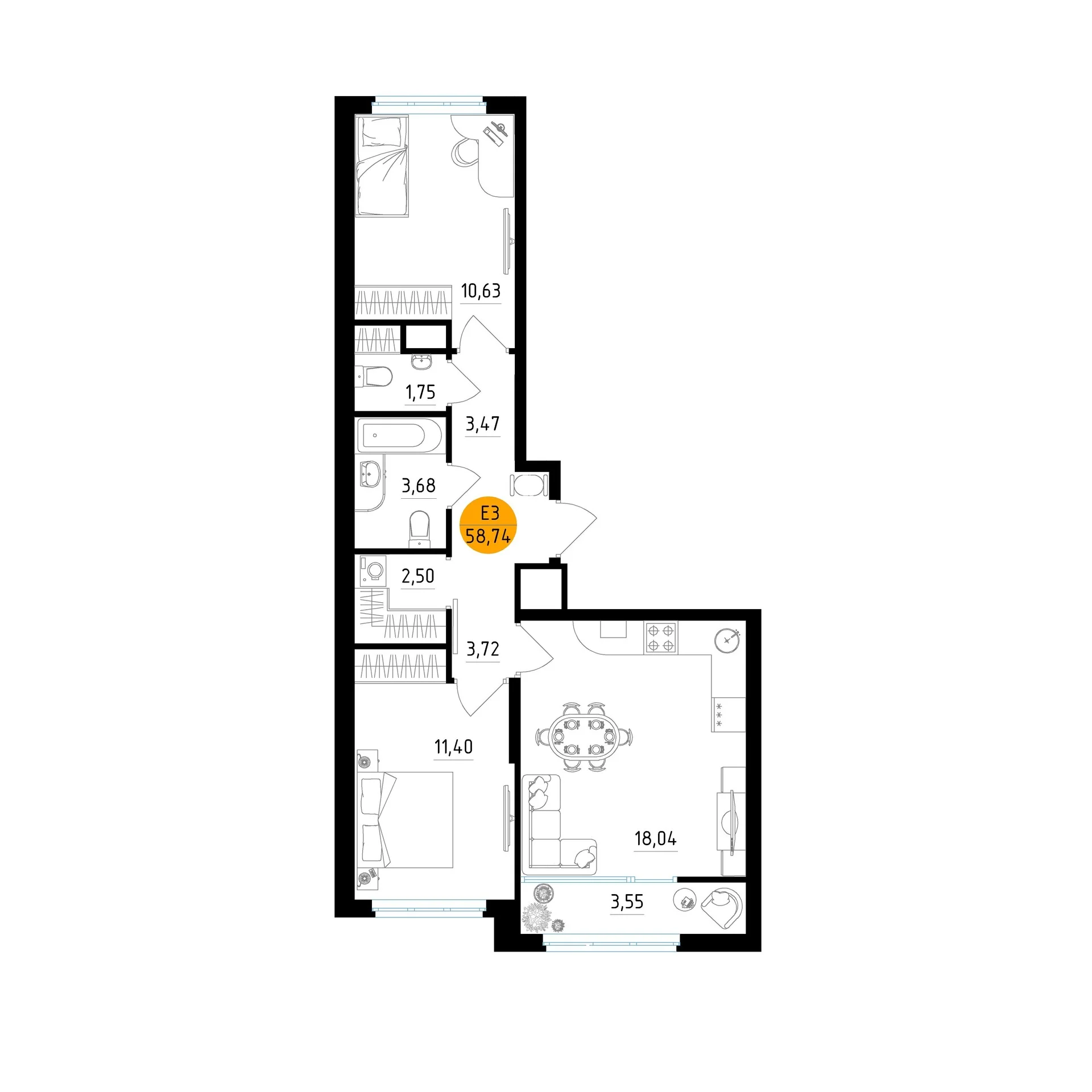 Планировка Квартира с двумя спальнями и гостиной 18 м² (Евро-3)
