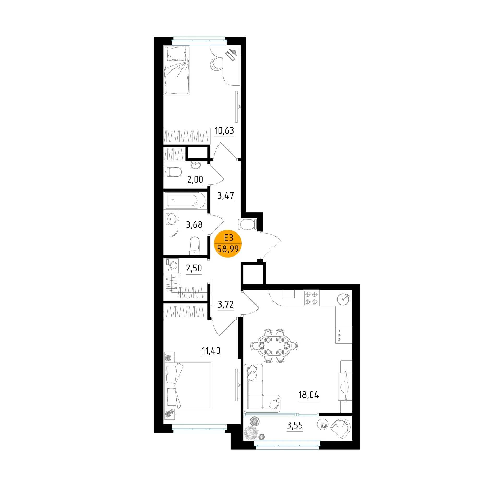 Планировка Квартира с двумя спальнями и гостиной 18 м² (Евро-3)