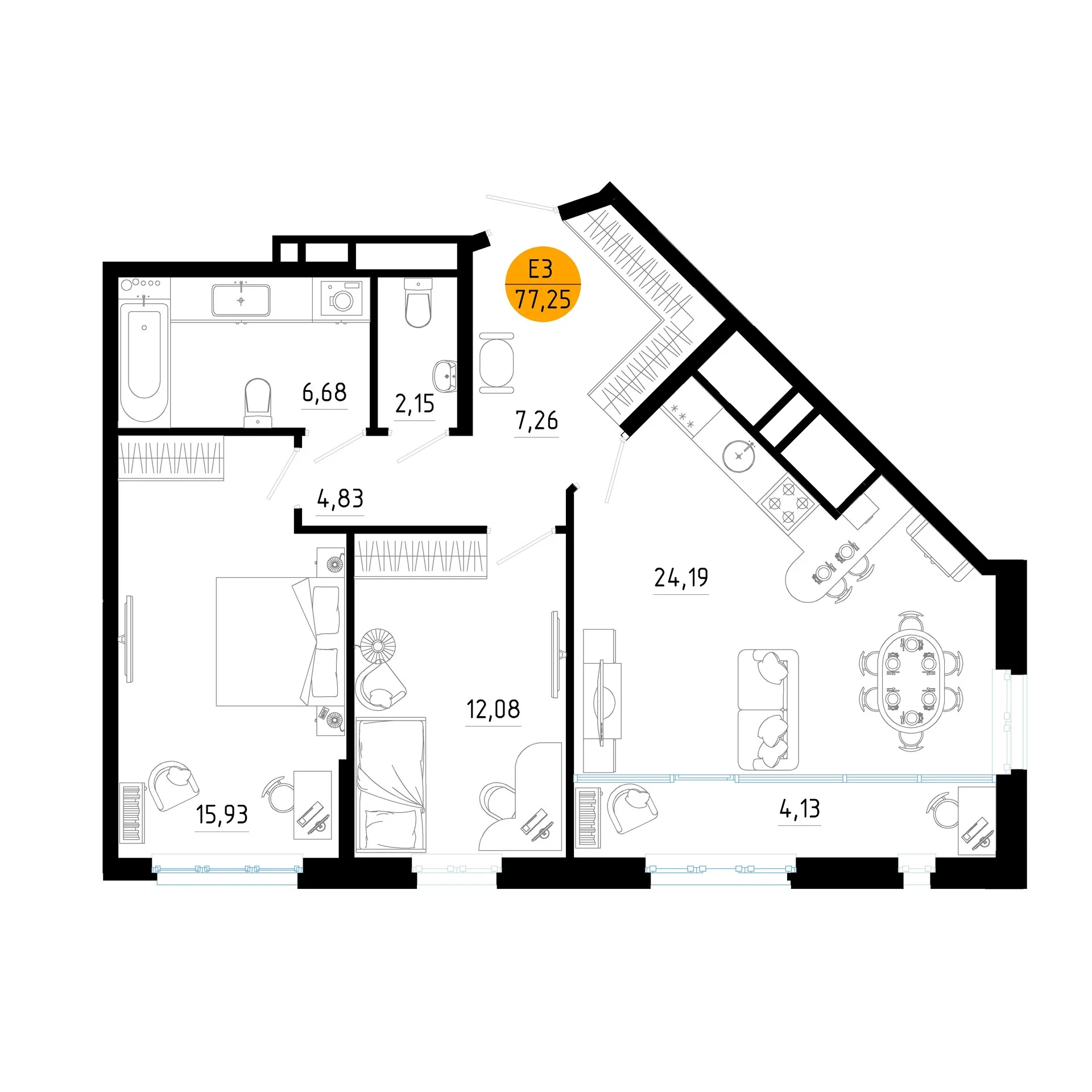 Планировка Квартира с двумя спальнями и гостиной 28 м² (Евро-3)