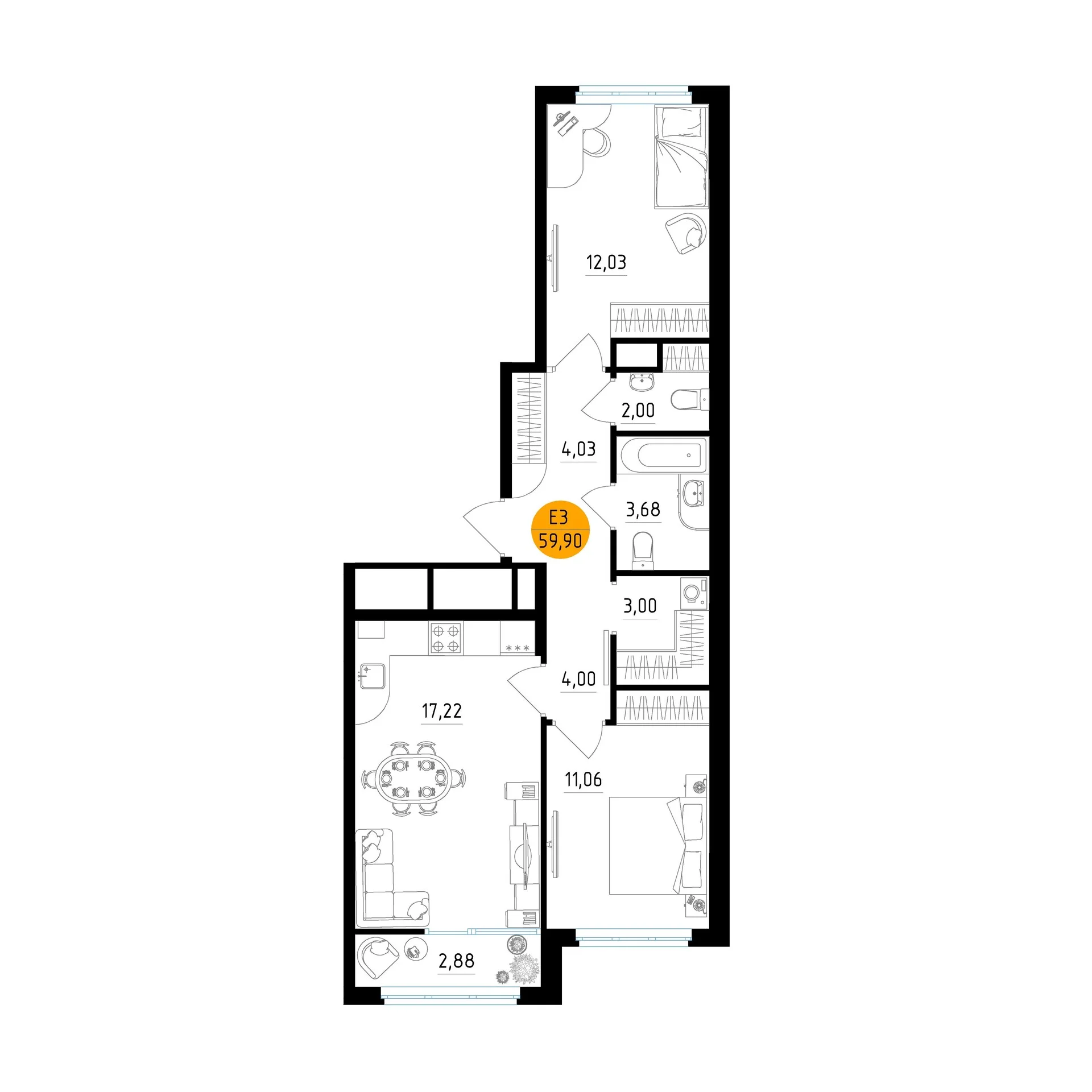 Планировка Квартира с двумя спальнями и гостиной 17 м² (Евро-3)