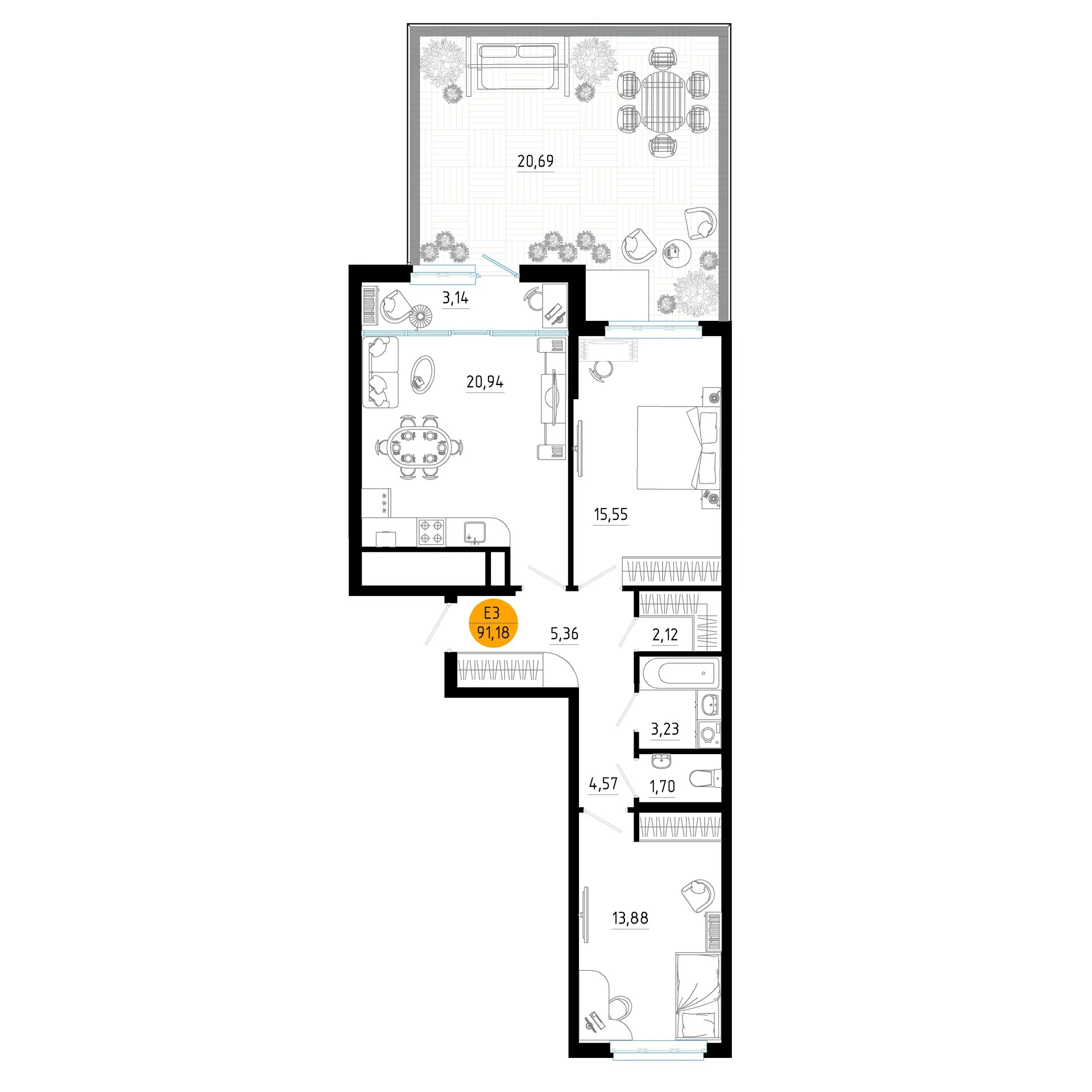 Планировка Квартира с двумя спальнями и гостиной 24 м² (Евро-3)