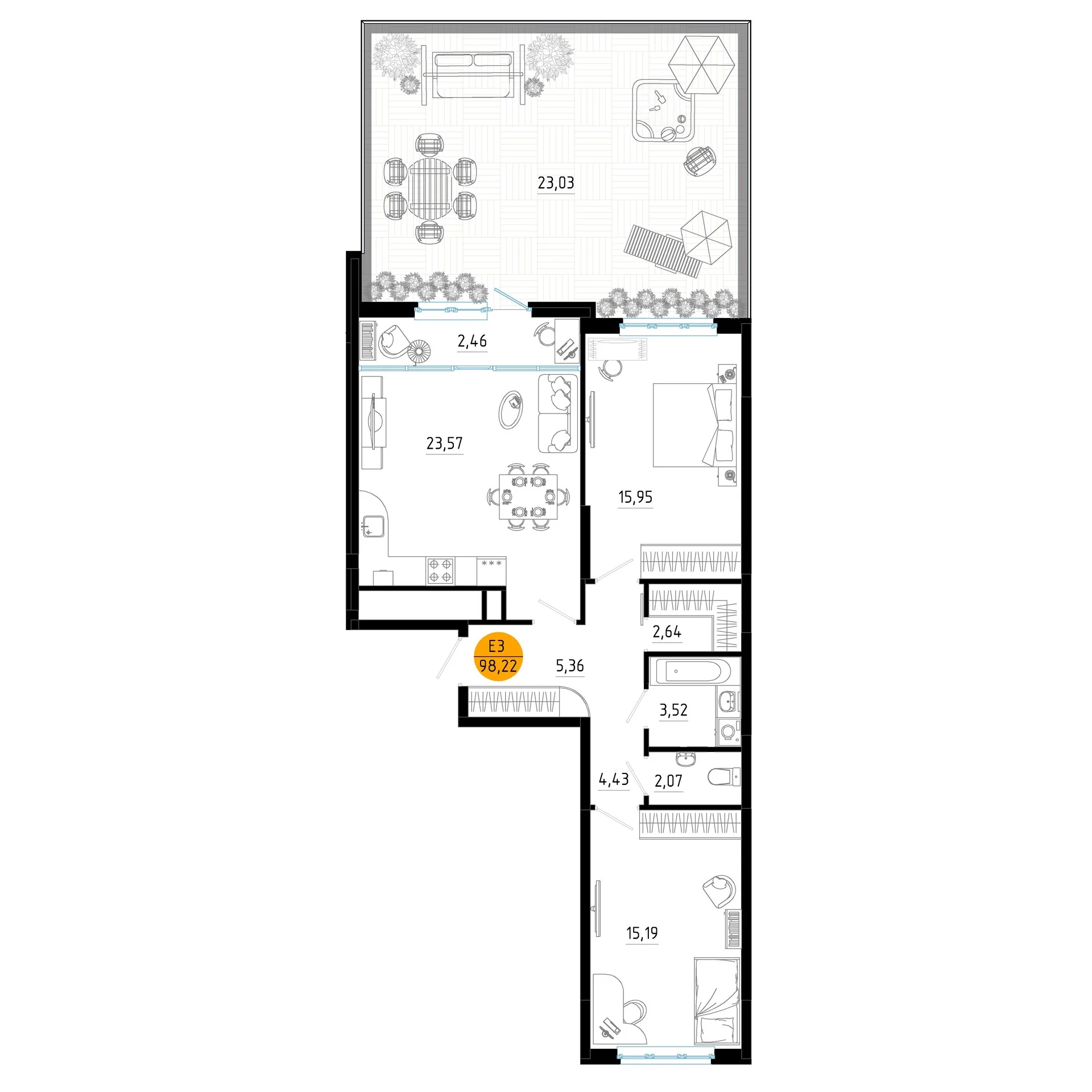 Планировка Квартира с двумя спальнями и гостиной 26 м² (Евро-3)
