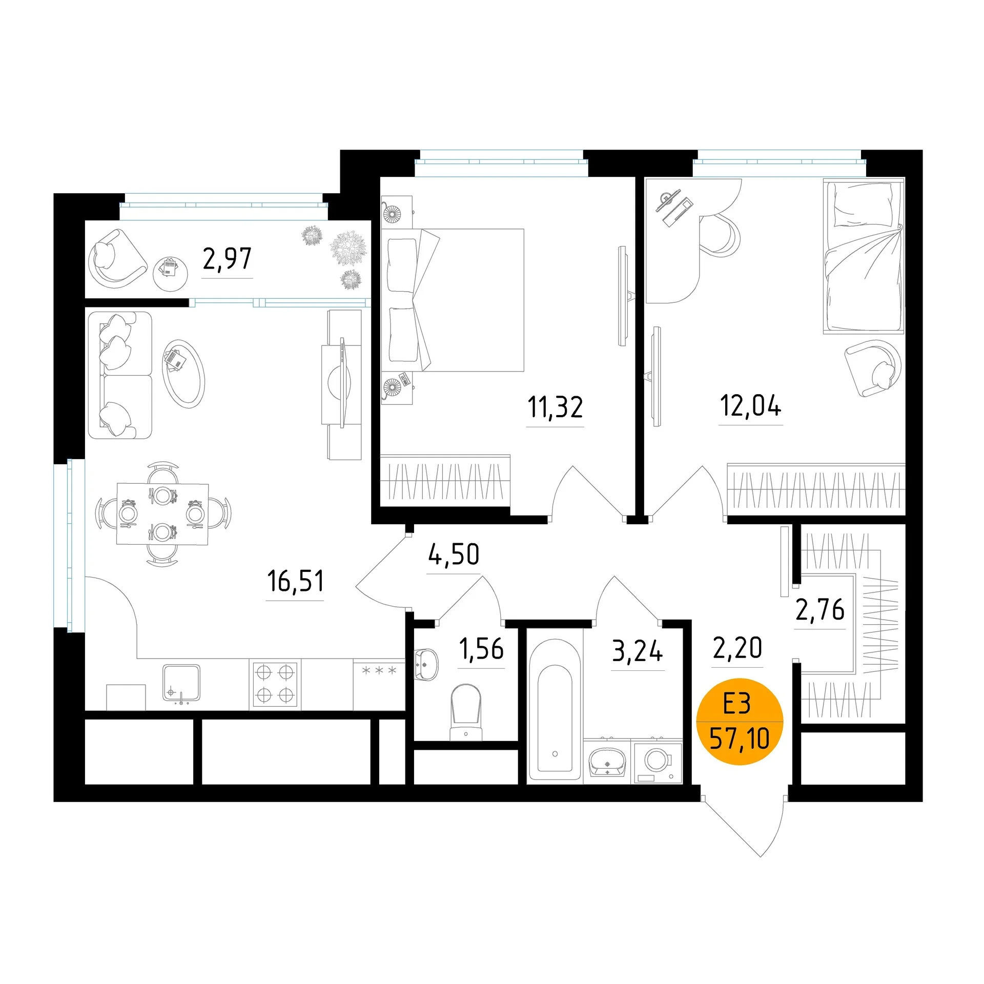 Планировка Квартира с двумя спальнями и гостиной 17 м² (Евро-3)