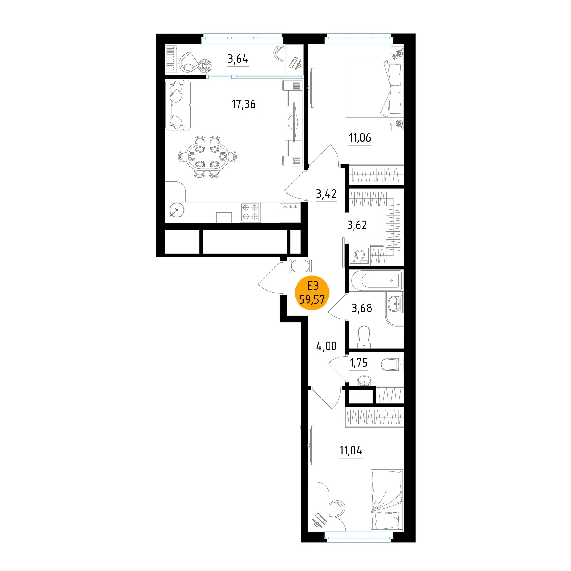 Планировка Квартира с двумя спальнями и гостиной 17 м² (Евро-3)