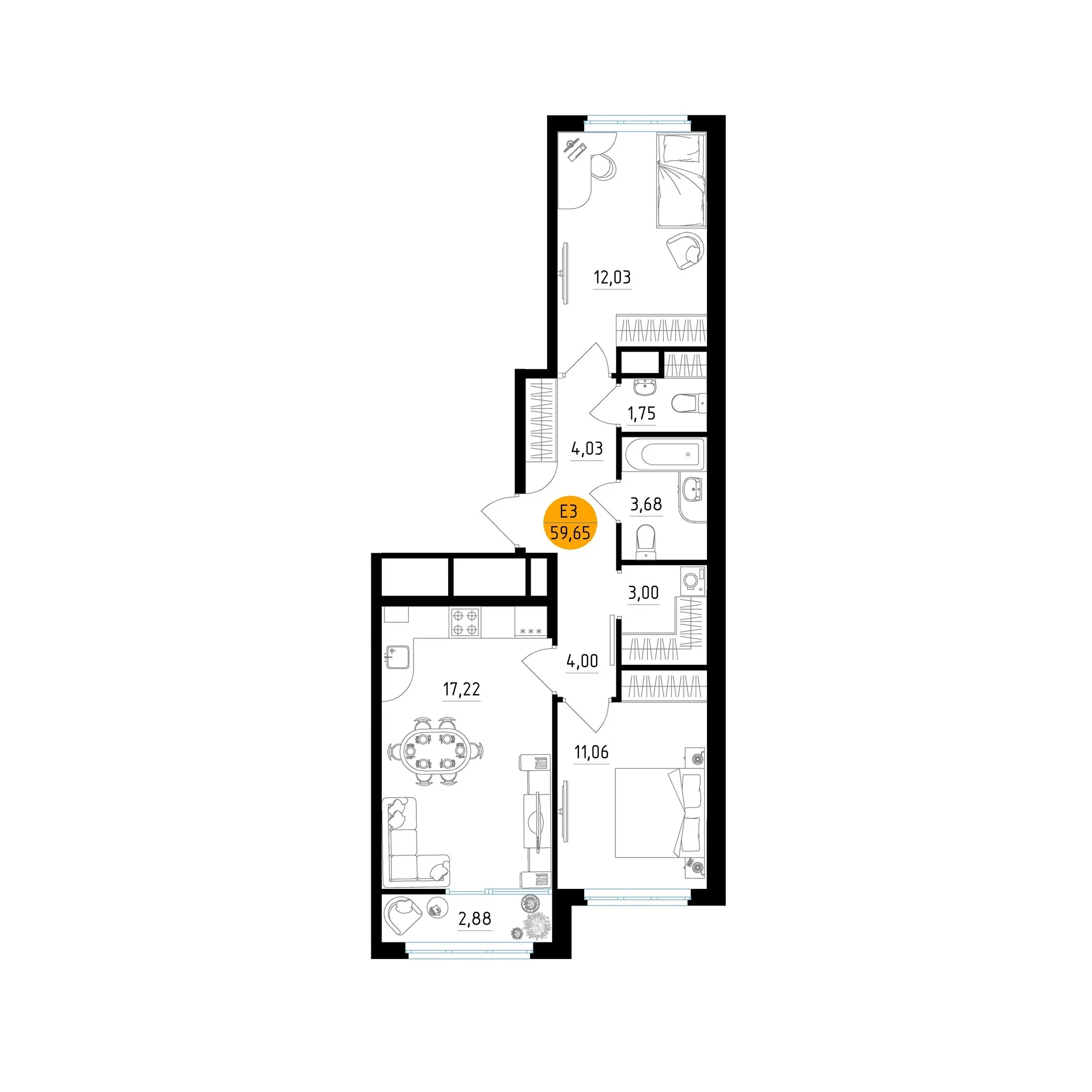 Планировка Квартира с двумя спальнями и гостиной 17 м² (Евро-3)