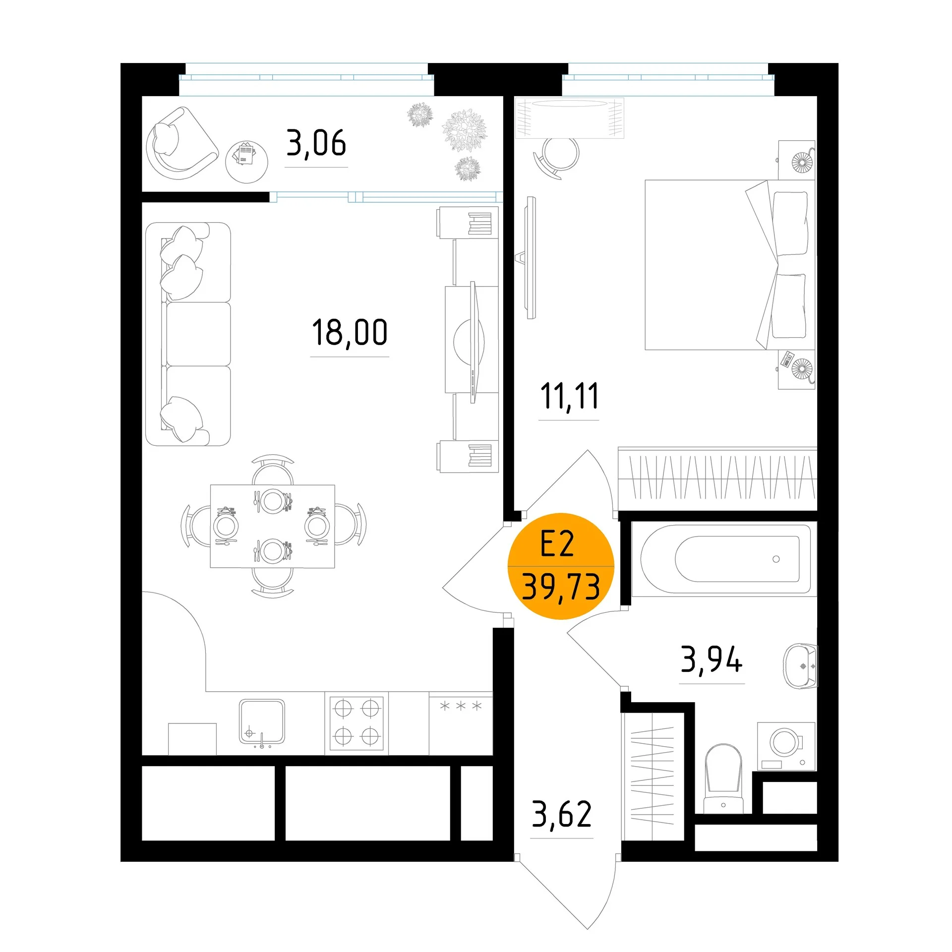 Планировка Квартира с одной спальней и гостиной 18 м² (Евро-2)