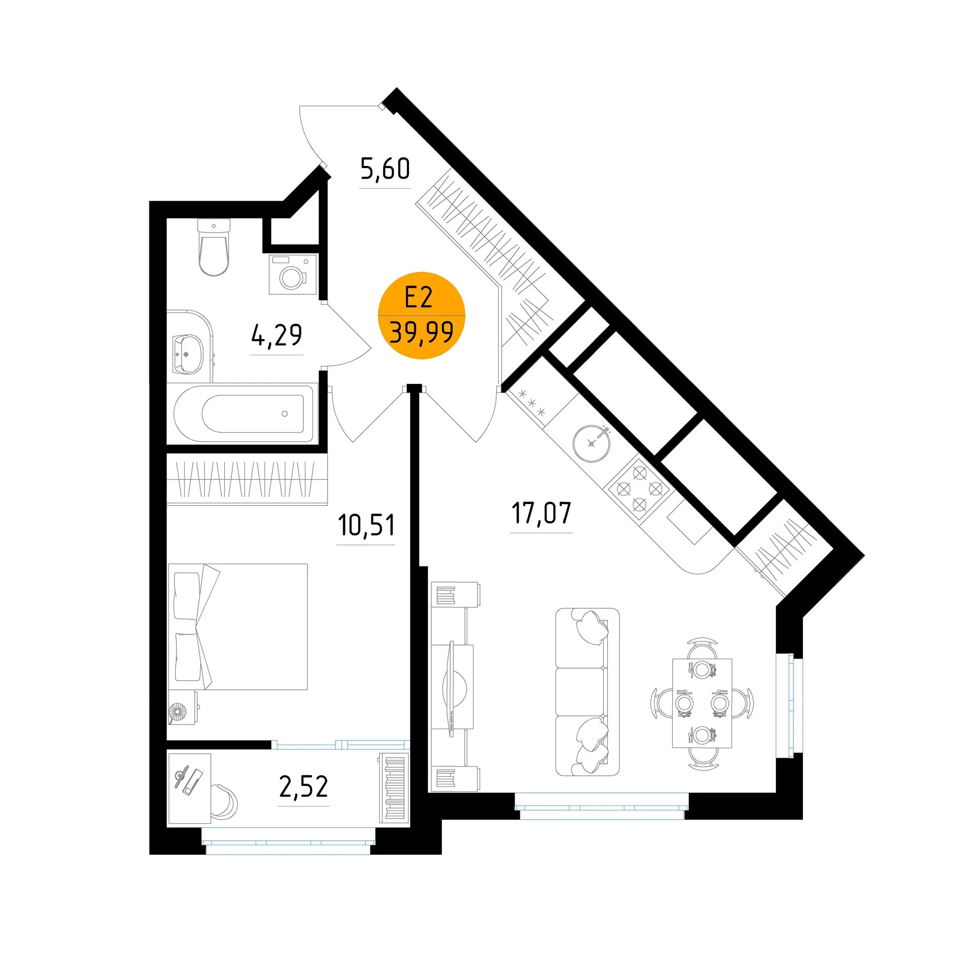 Планировка Квартира с одной спальней и гостиной 17 м² (Евро-2)